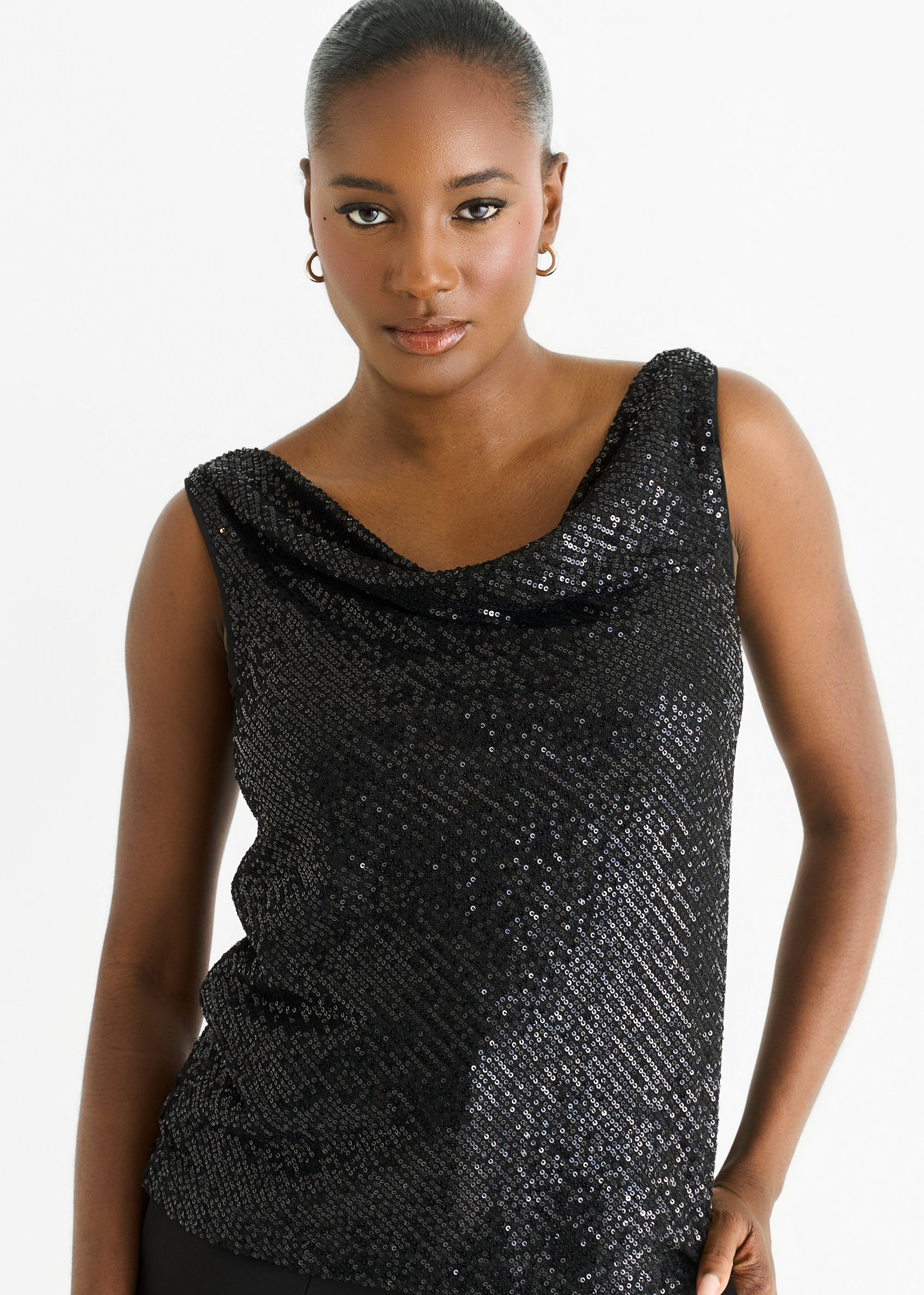 Black Sequin Cowl Neck Cami Top