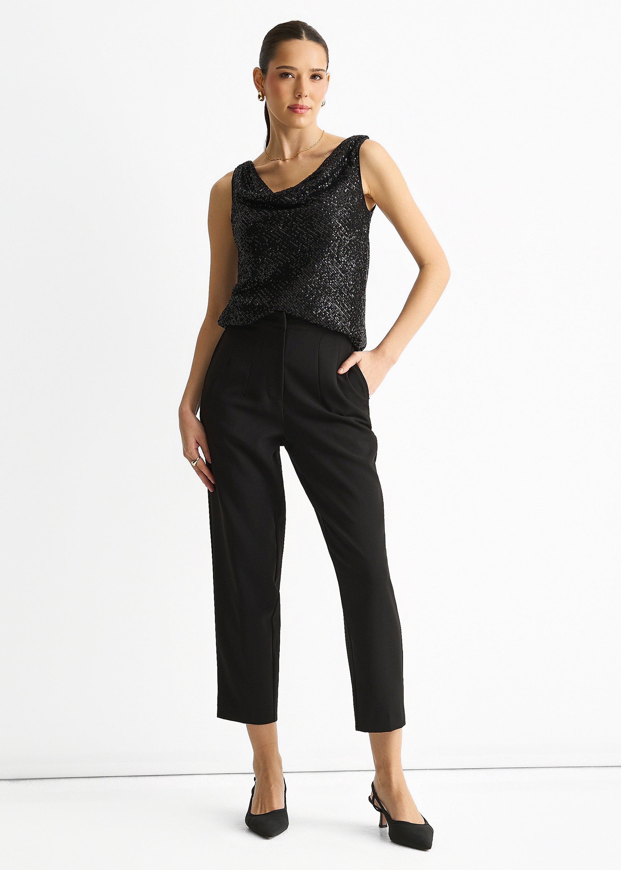 Black Sequin Cowl Neck Cami Top