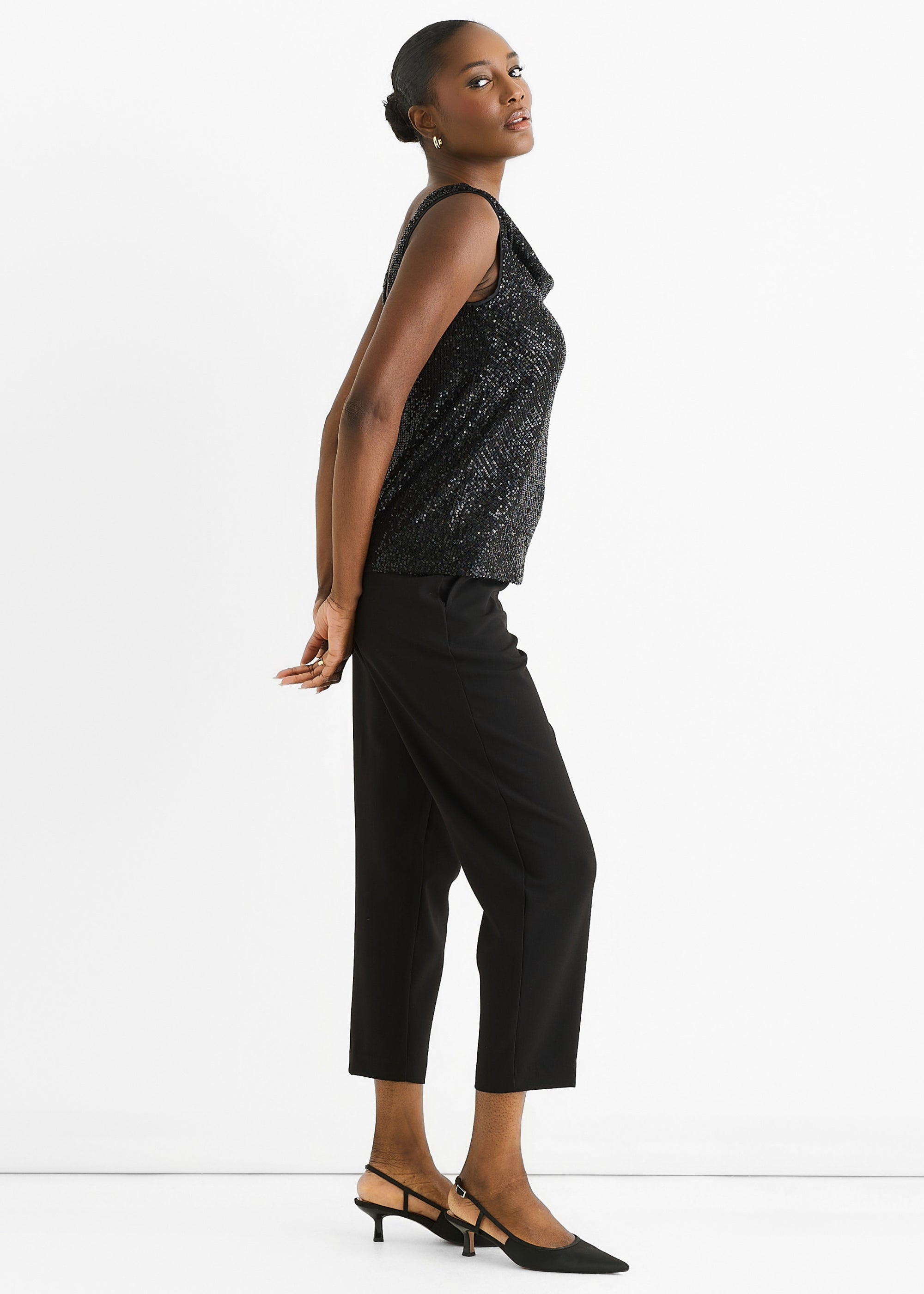 Black Sequin Cowl Neck Cami Top