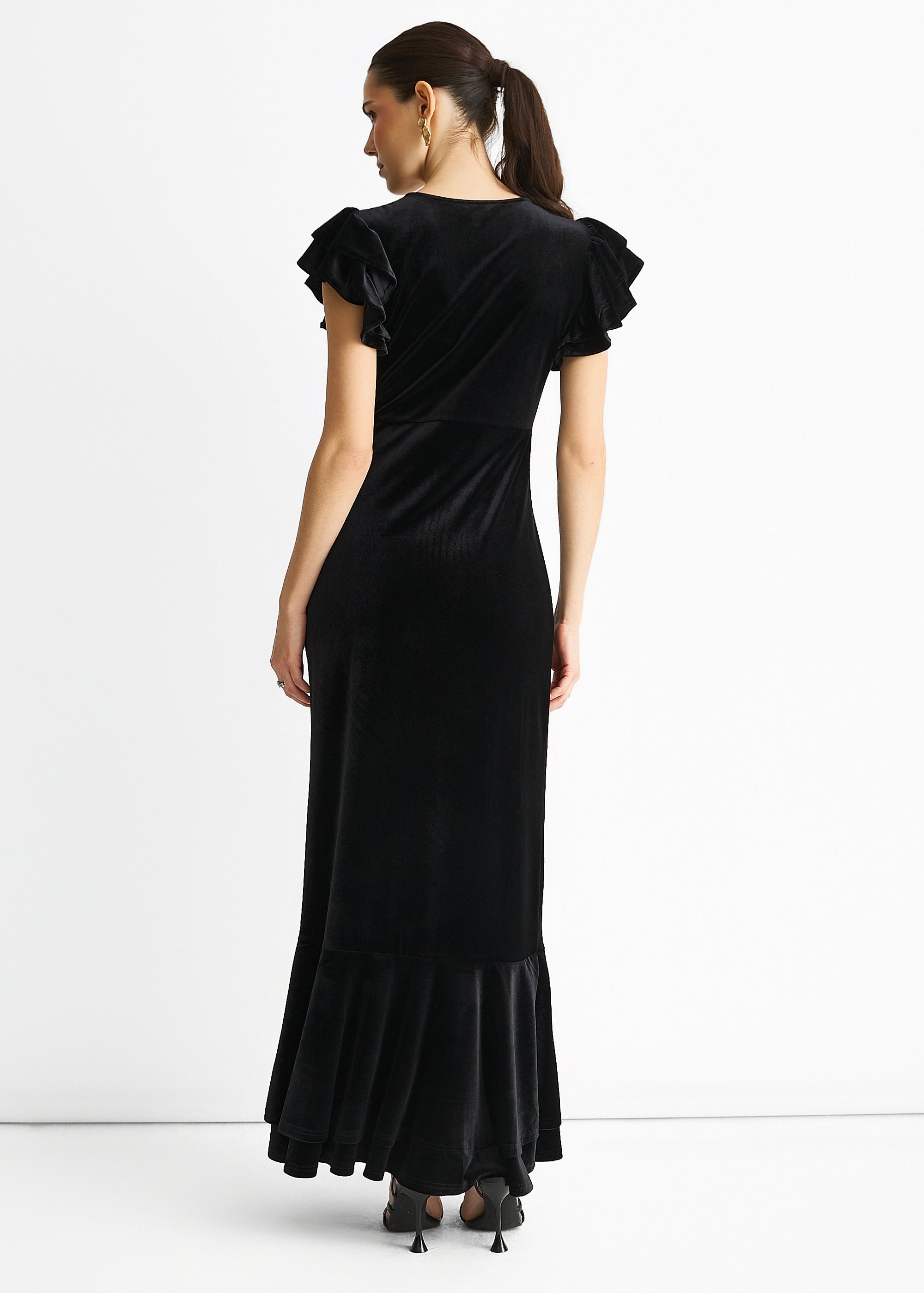 Black V Neck Ruffle Sleeves Velvet Occasion Maxi Dress