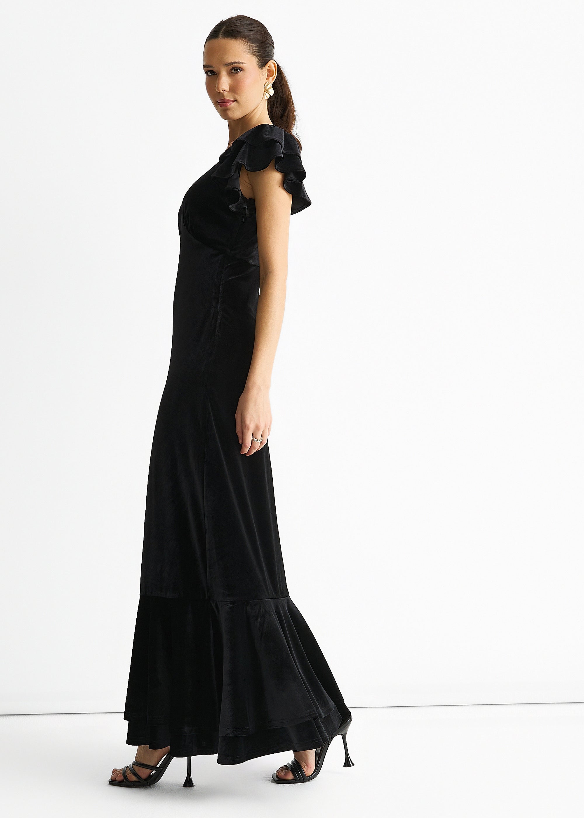 Black V Neck Ruffle Sleeves Velvet Occasion Maxi Dress