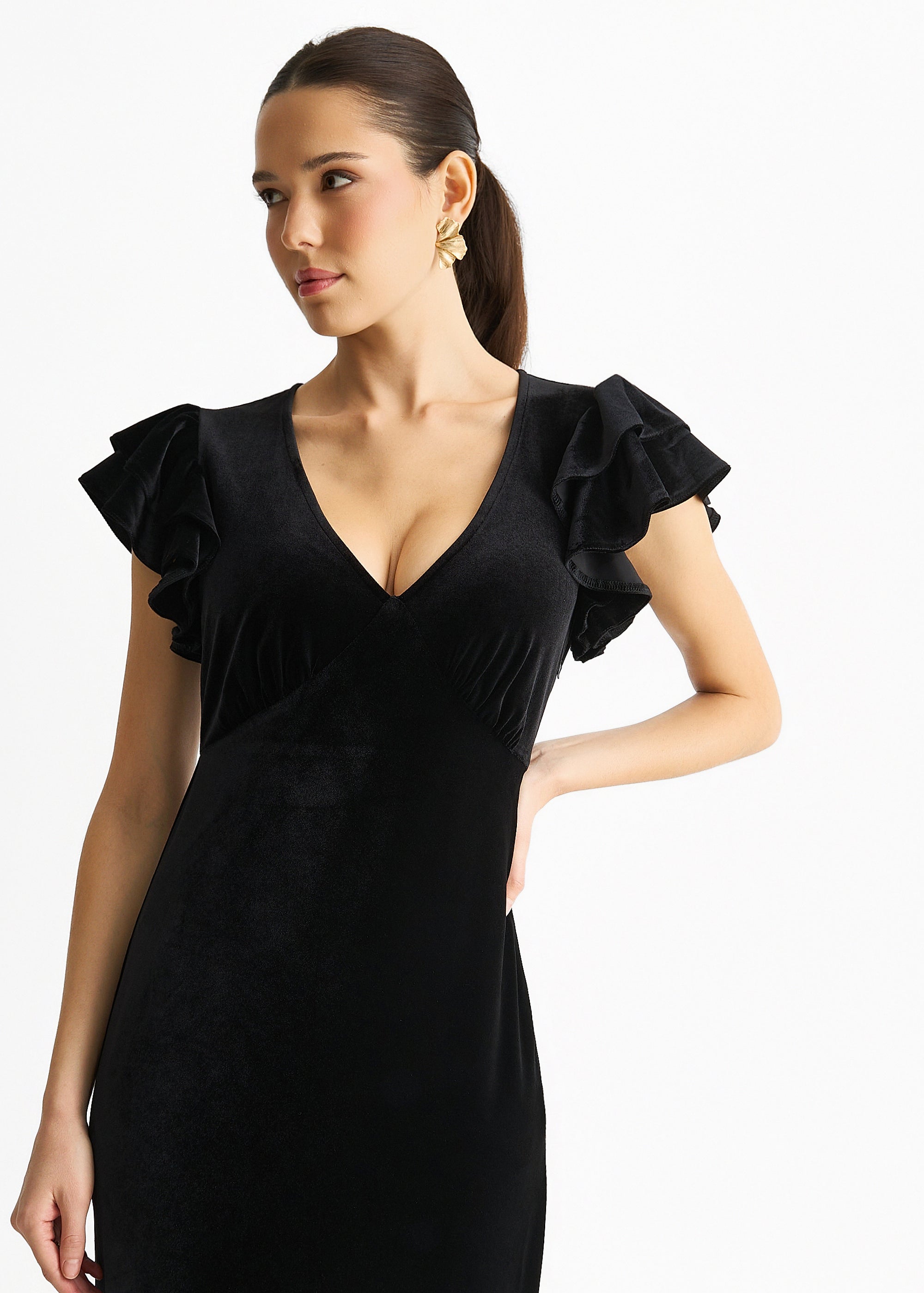 Black V Neck Ruffle Sleeves Velvet Occasion Maxi Dress