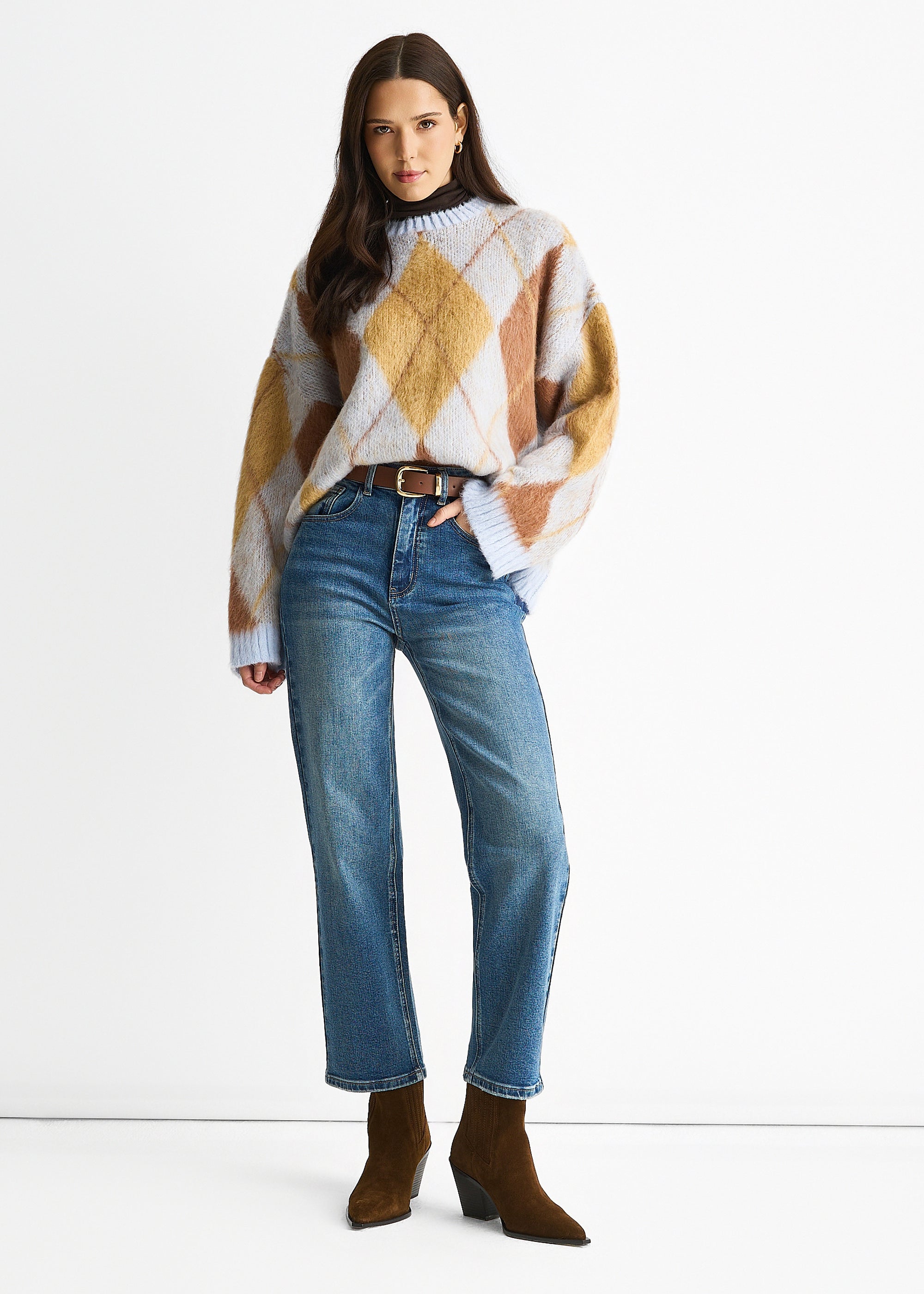 Blue Mid Rise Straight Leg Jeans