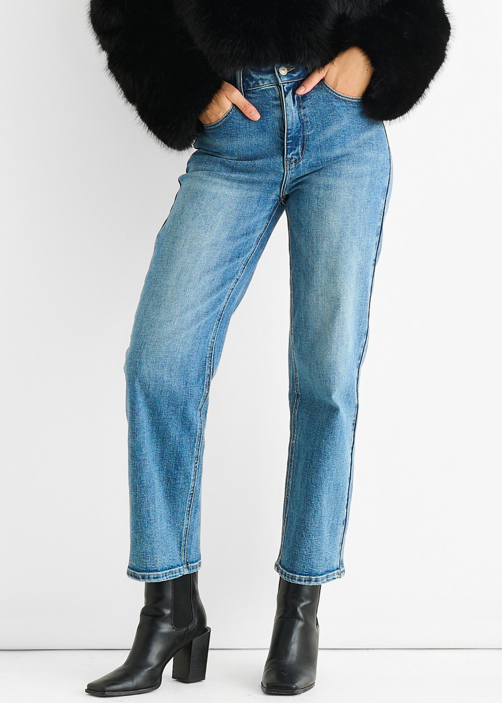 Blue Mid Rise Straight Leg Jeans