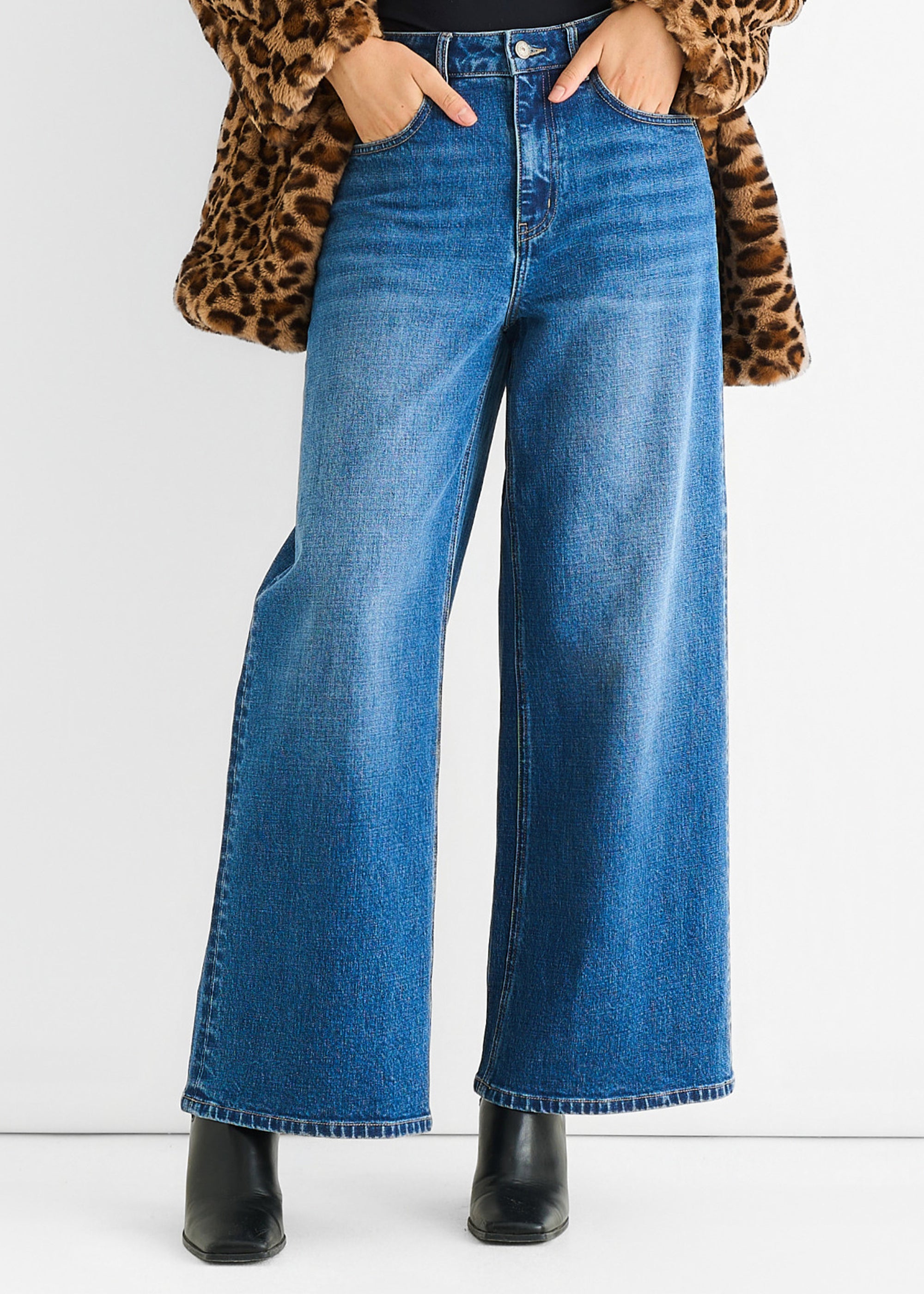 Blue Mid Rise Wide Leg Jeans