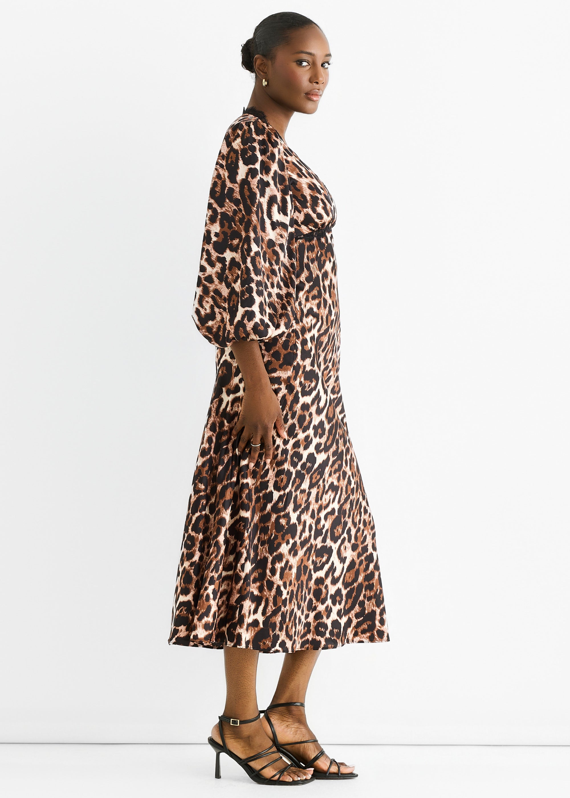 Brown Animal Lace Trim Satin Bias Midi Dress
