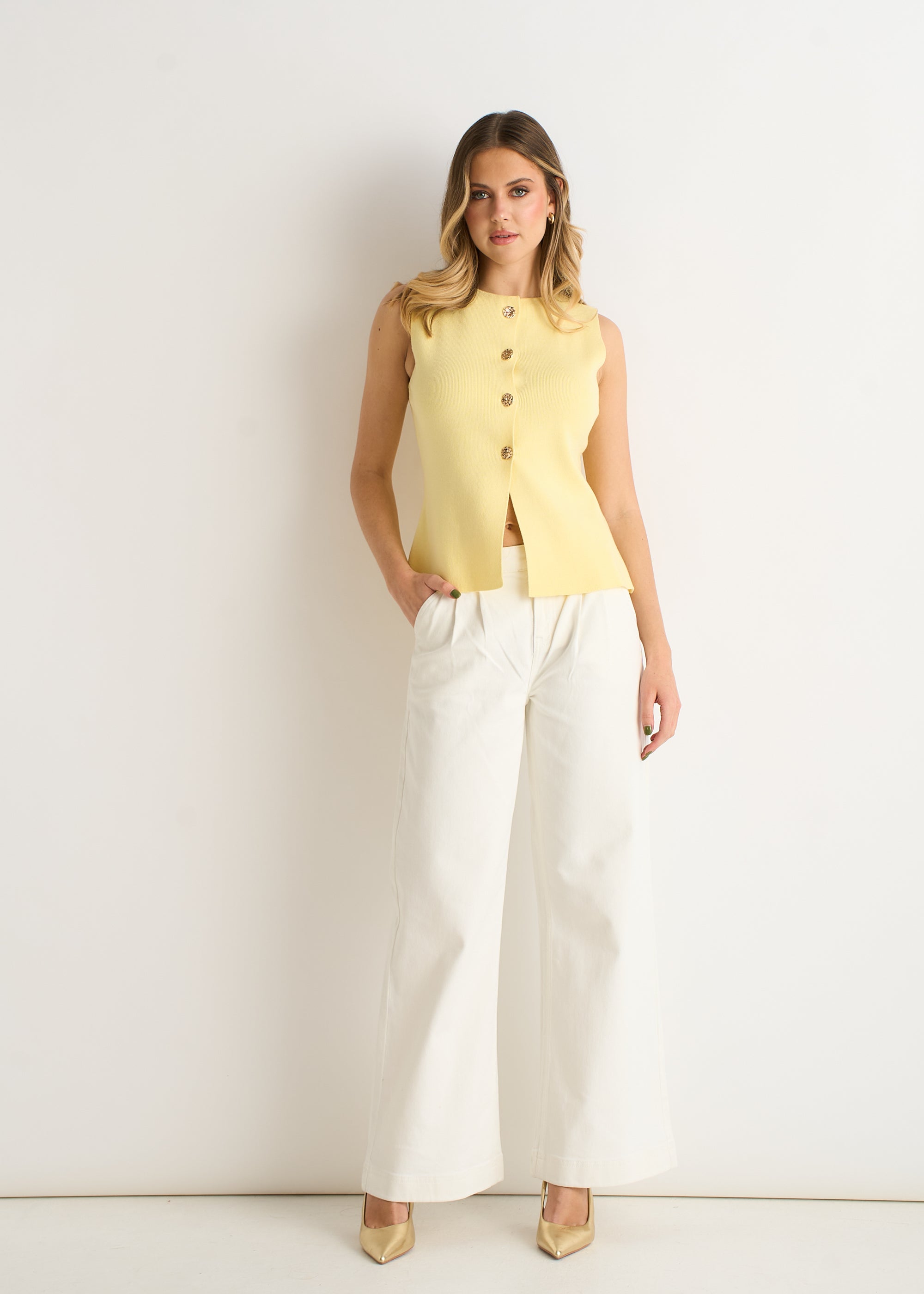 Lemon Button Front Compact Knit Waistcoat