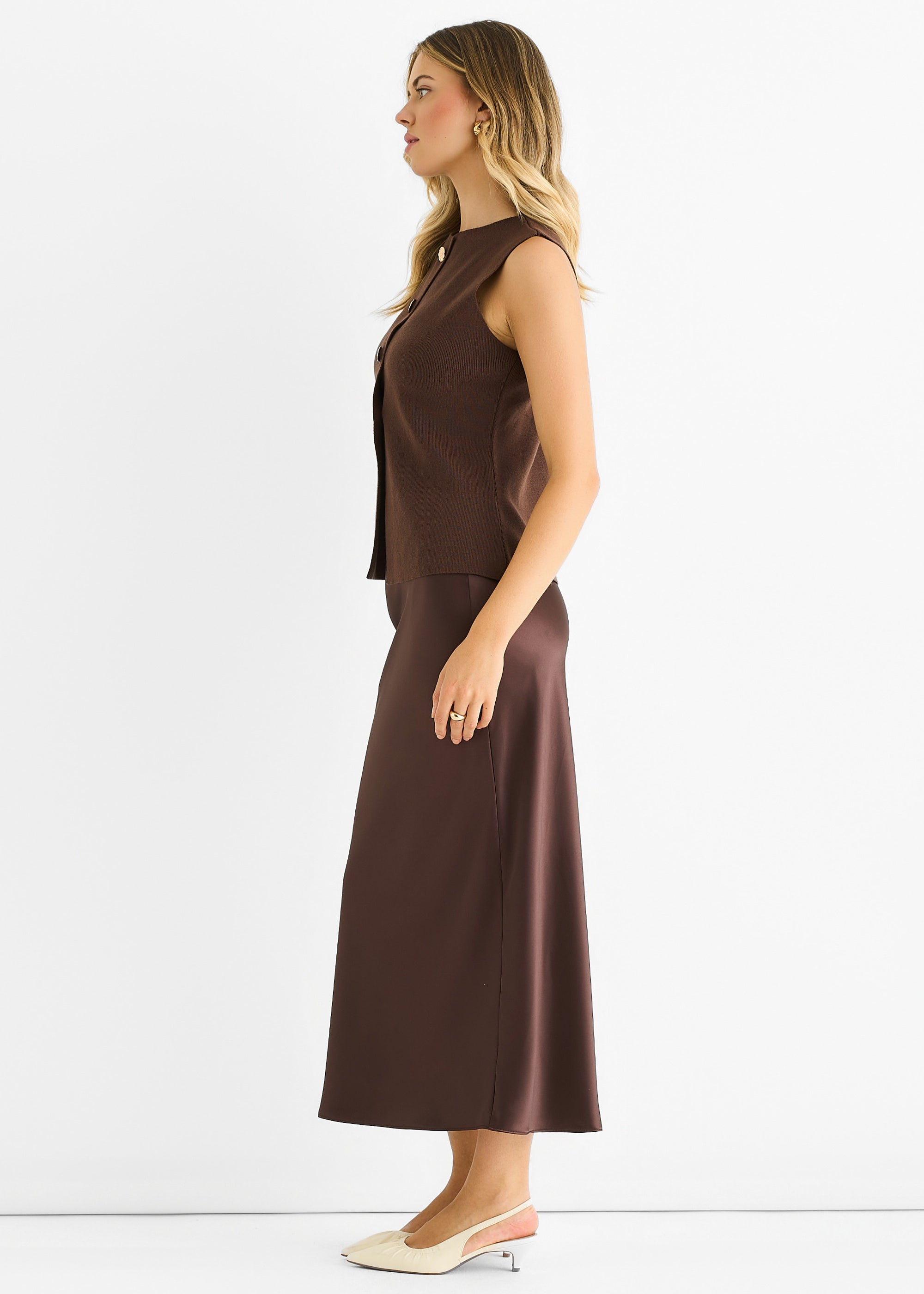 Chocolate Button Front Compact Knit Waistcoat
