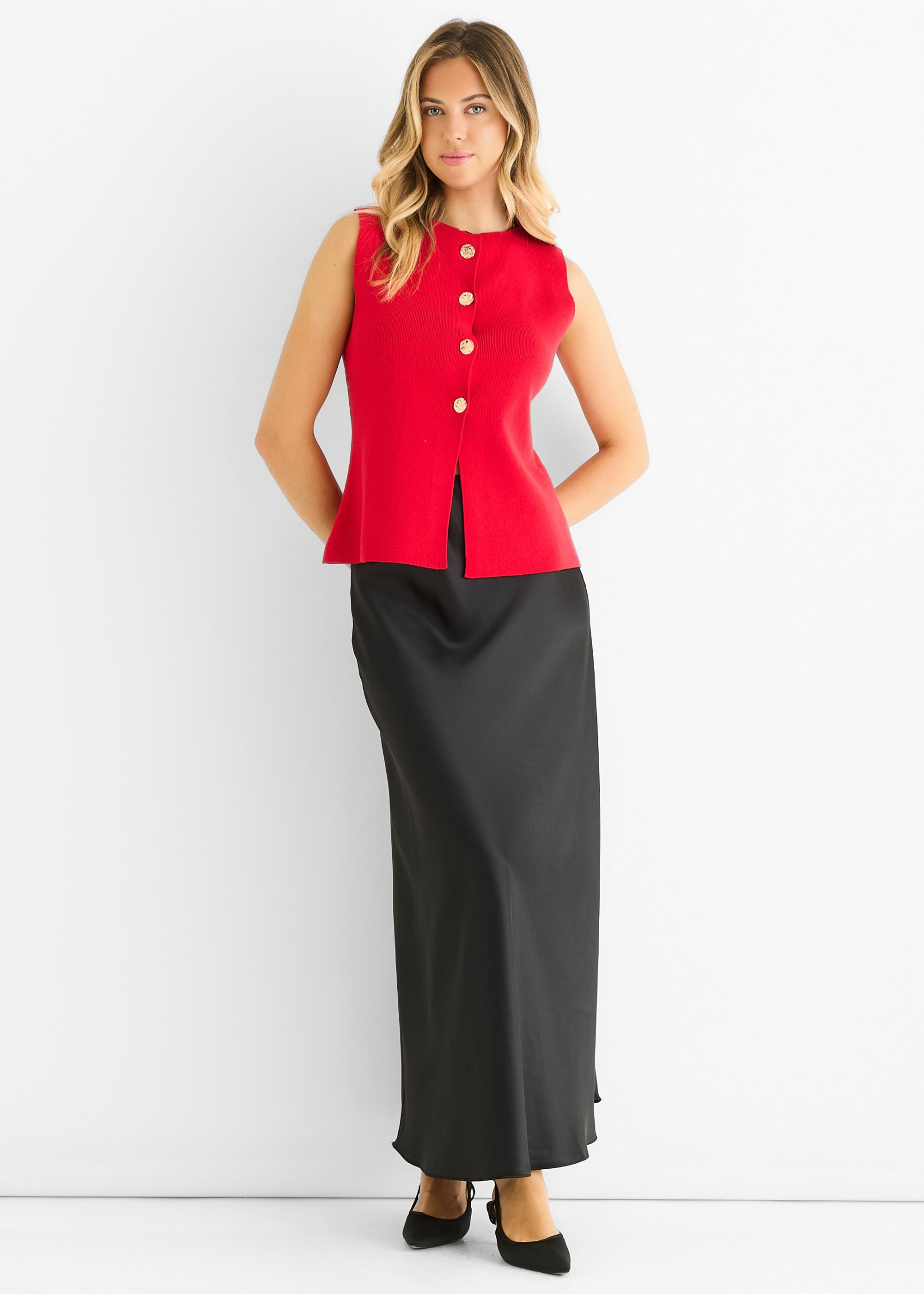 Cherry Red Button Front Compact Knit Waistcoat