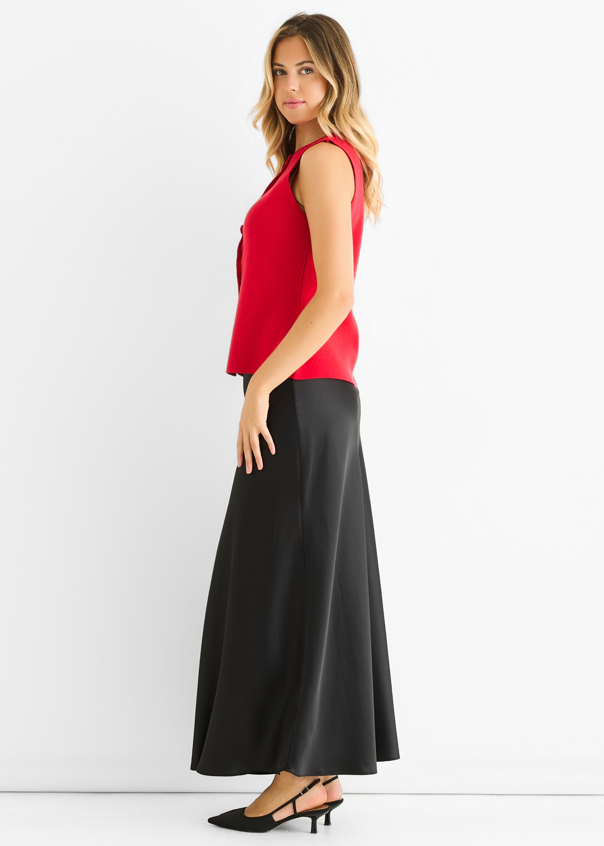 Cherry Red Button Front Compact Knit Waistcoat
