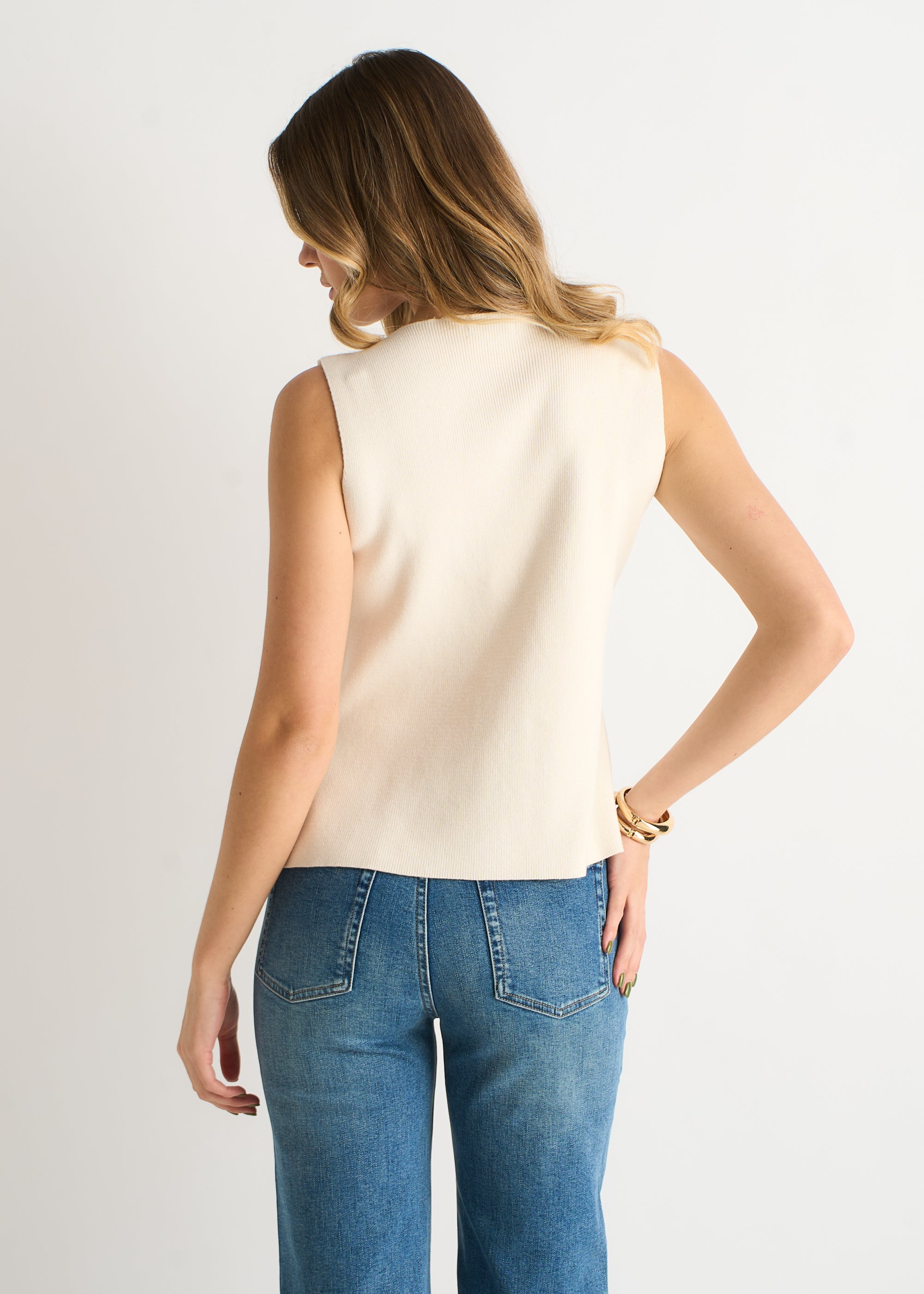 Off White Button Front Compact Knit Waistcoat