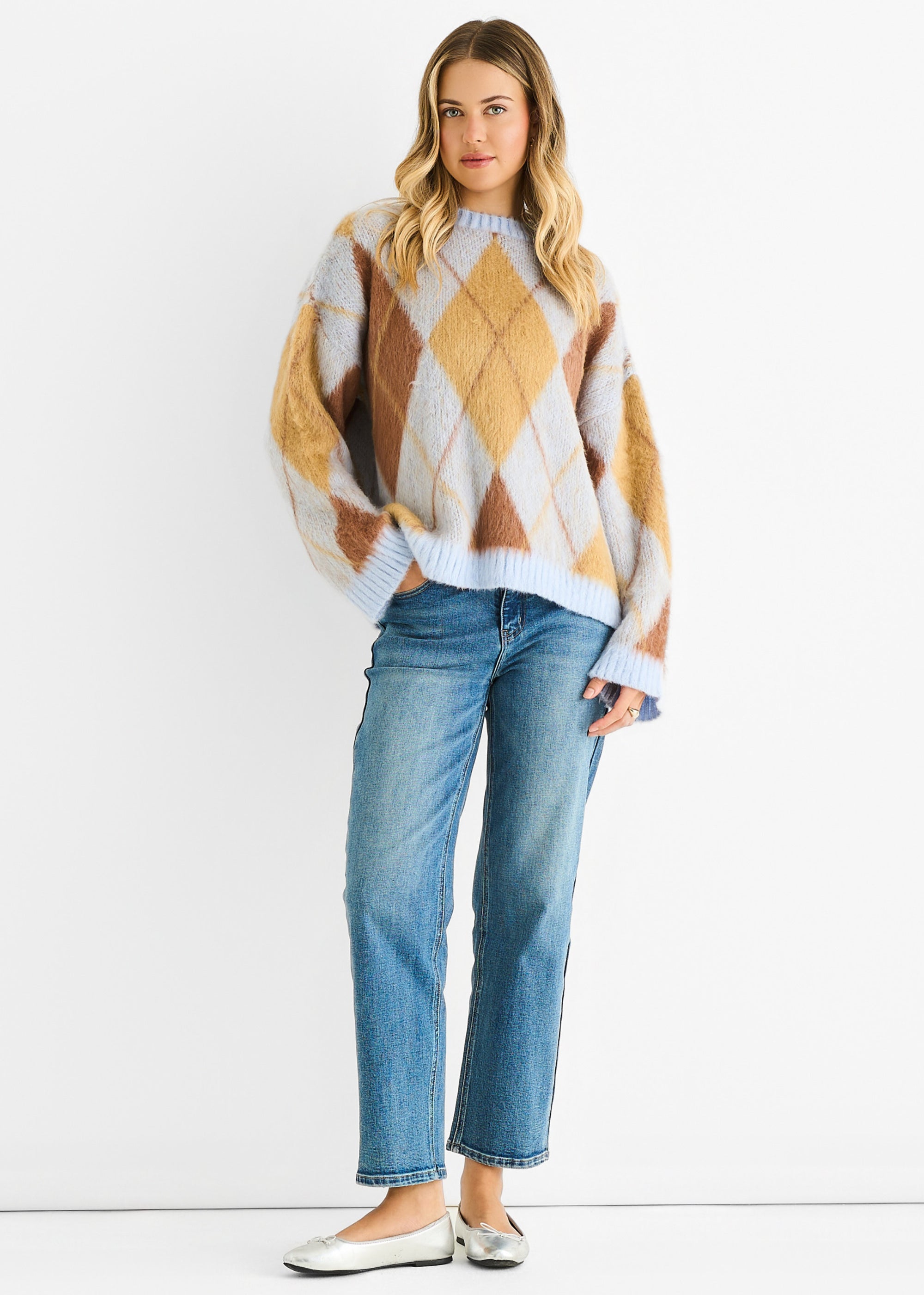 Blue Argyle Knit Round Neck Jumper