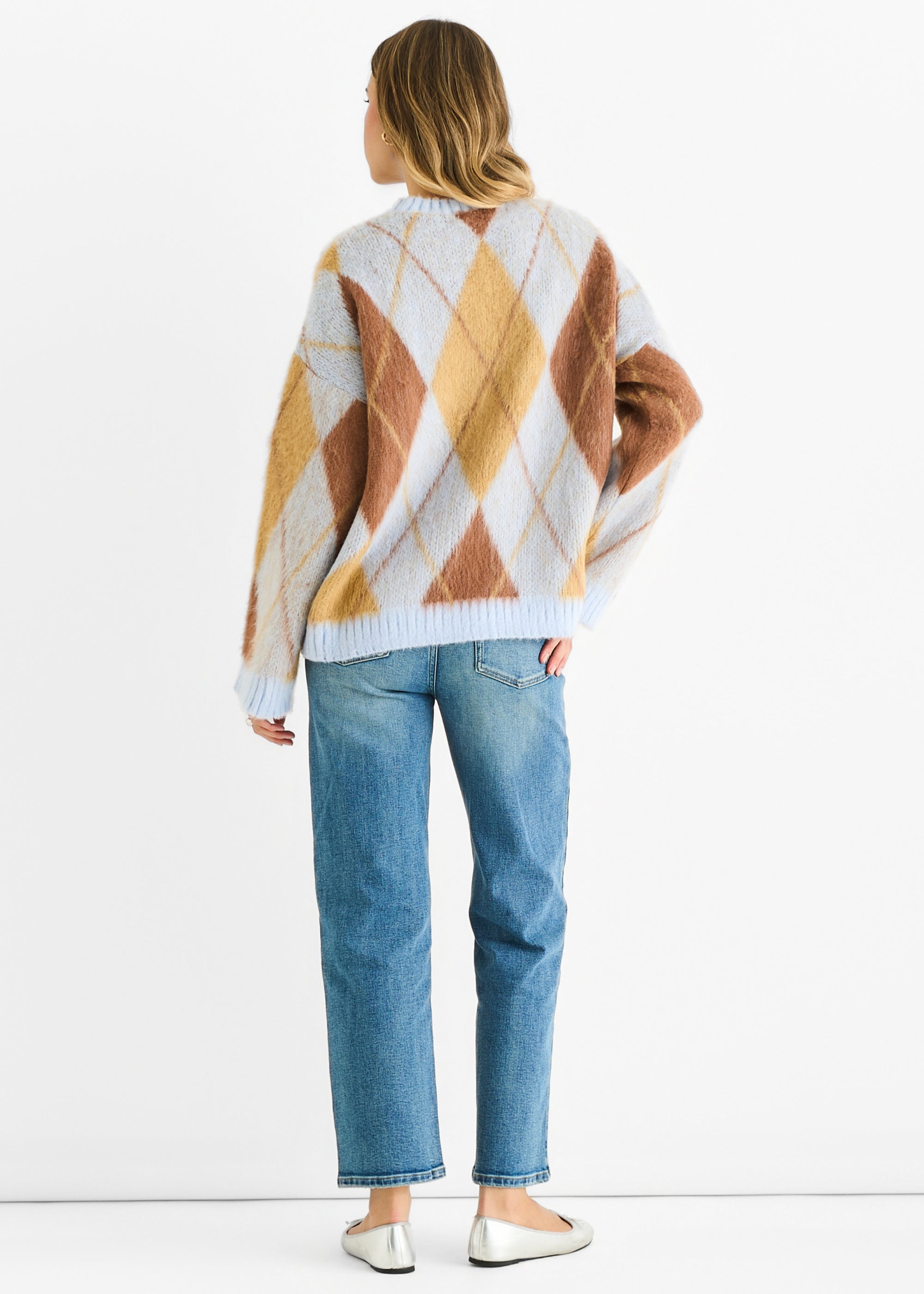 Blue Argyle Knit Round Neck Jumper