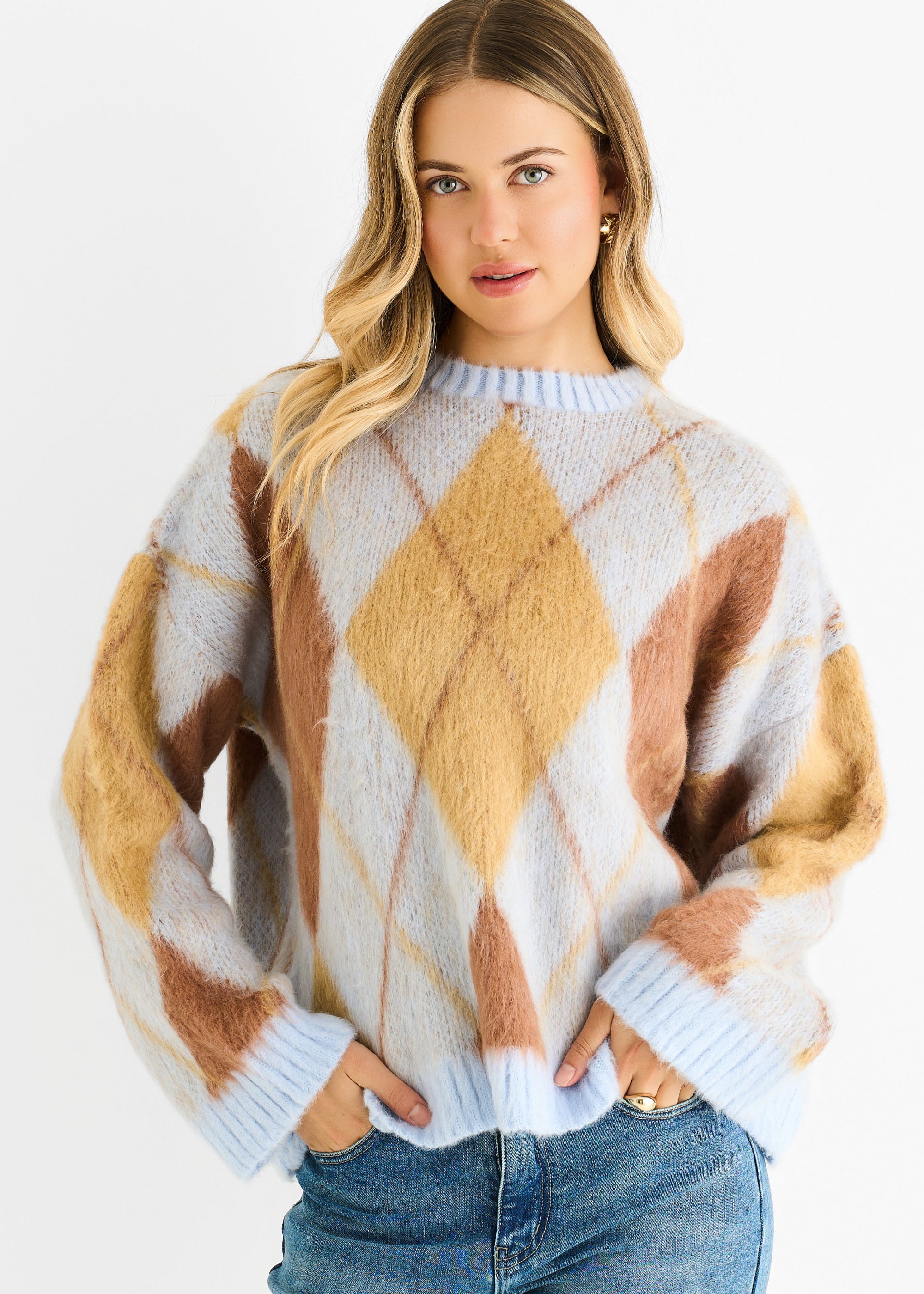 Blue Argyle Knit Round Neck Jumper