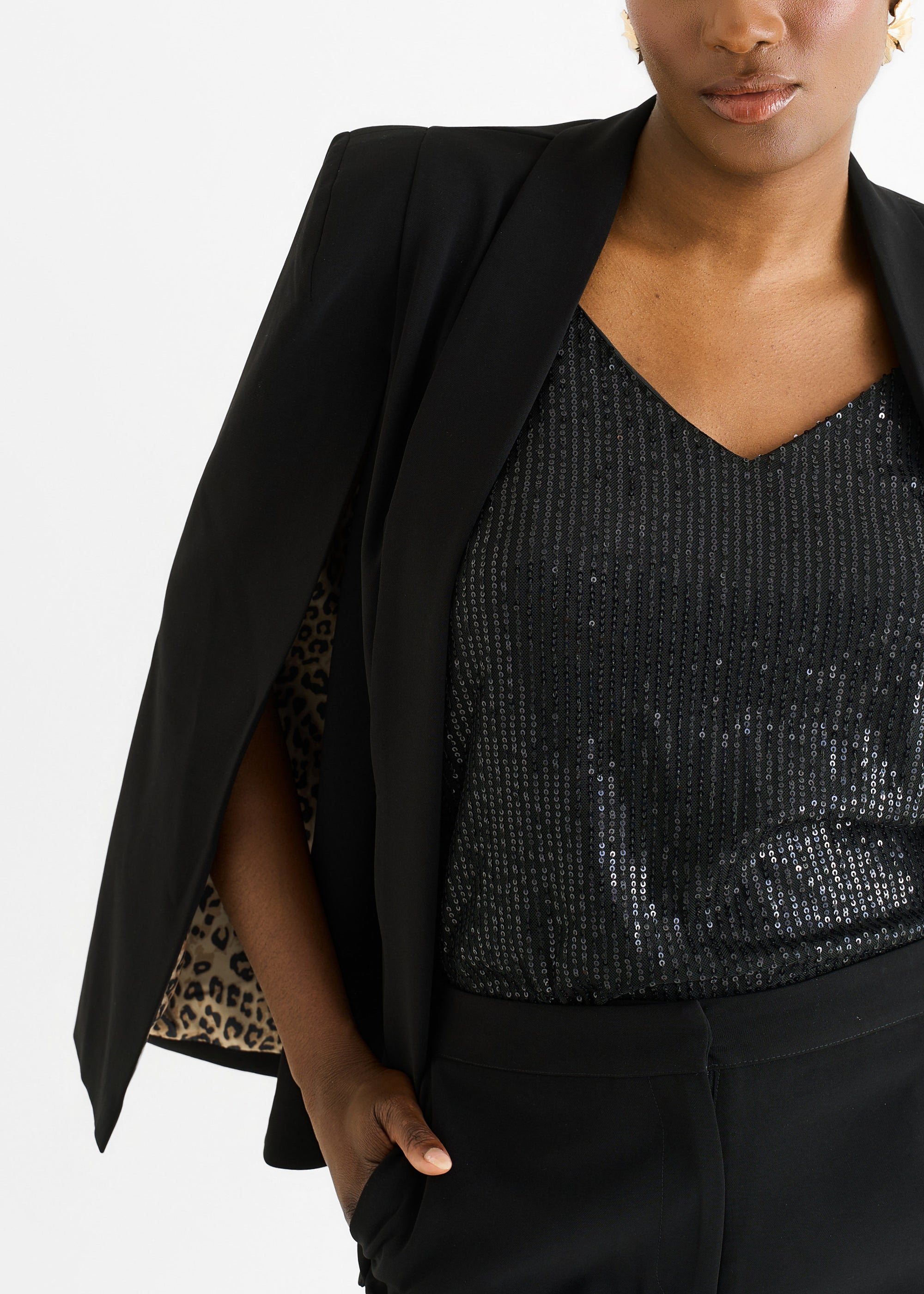 Black Contrast Animal Lining Tailoring Cape Blazer