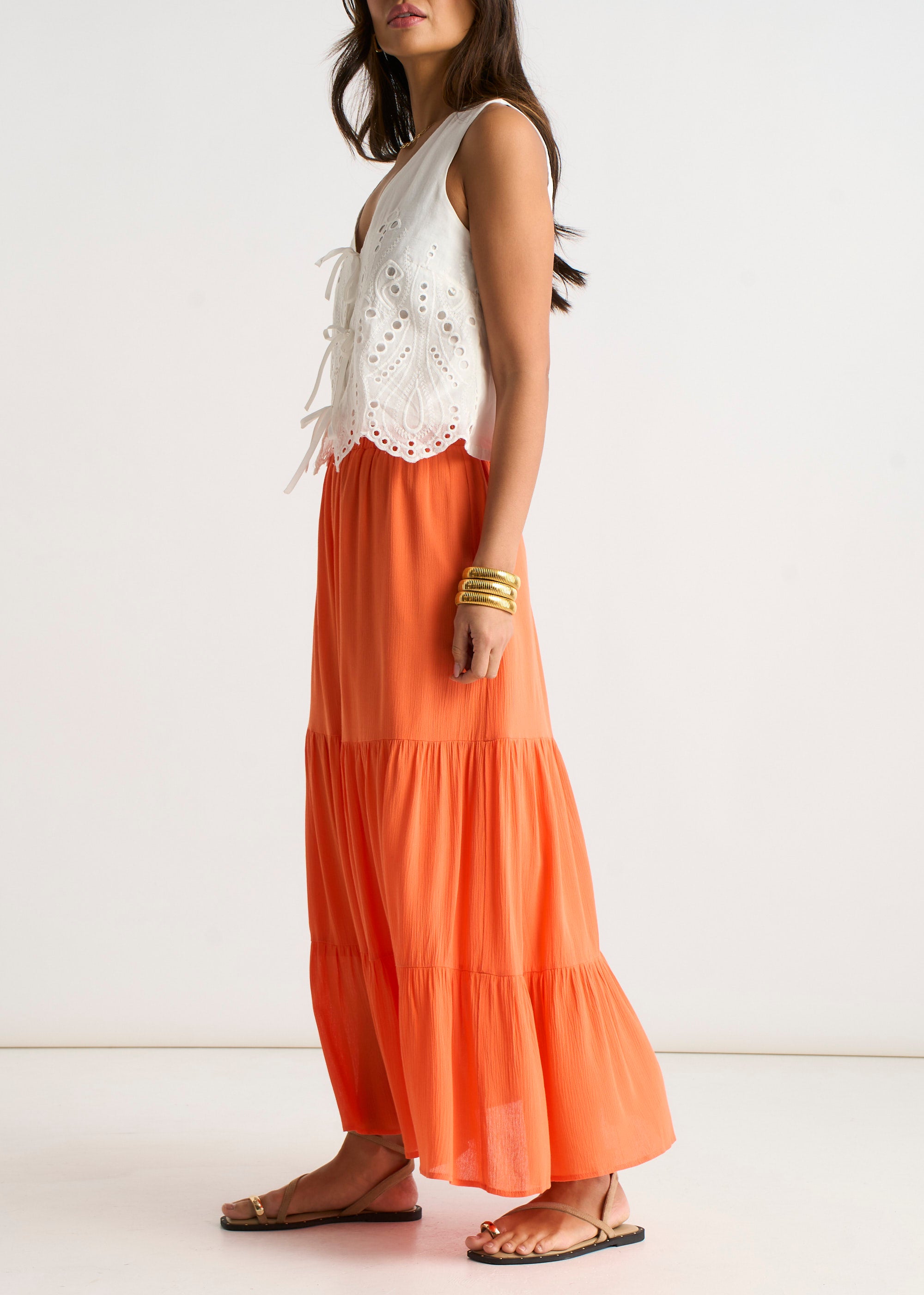 Orange Viscose Tiered Skater Maxi Skirt