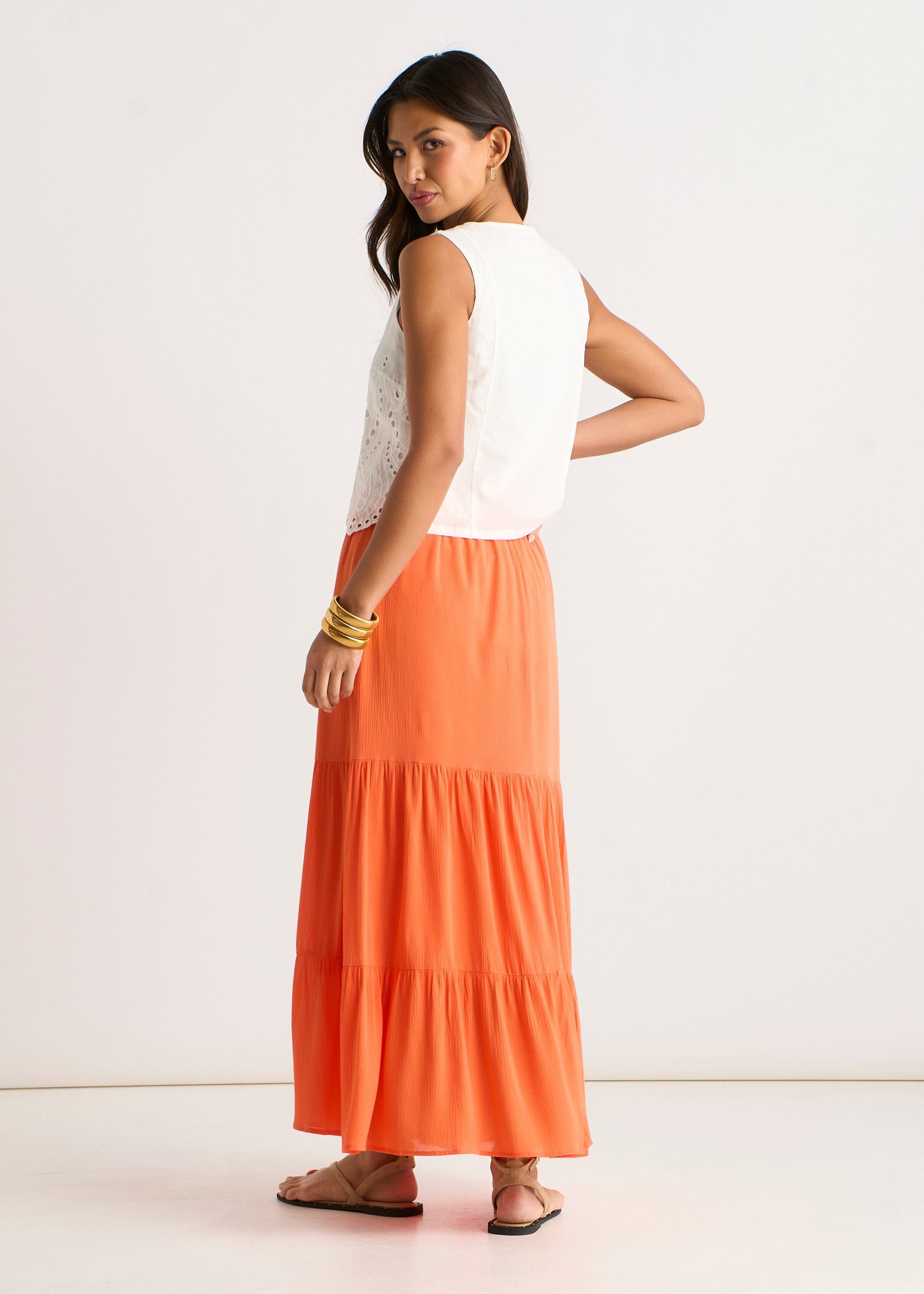 Orange Viscose Tiered Skater Maxi Skirt