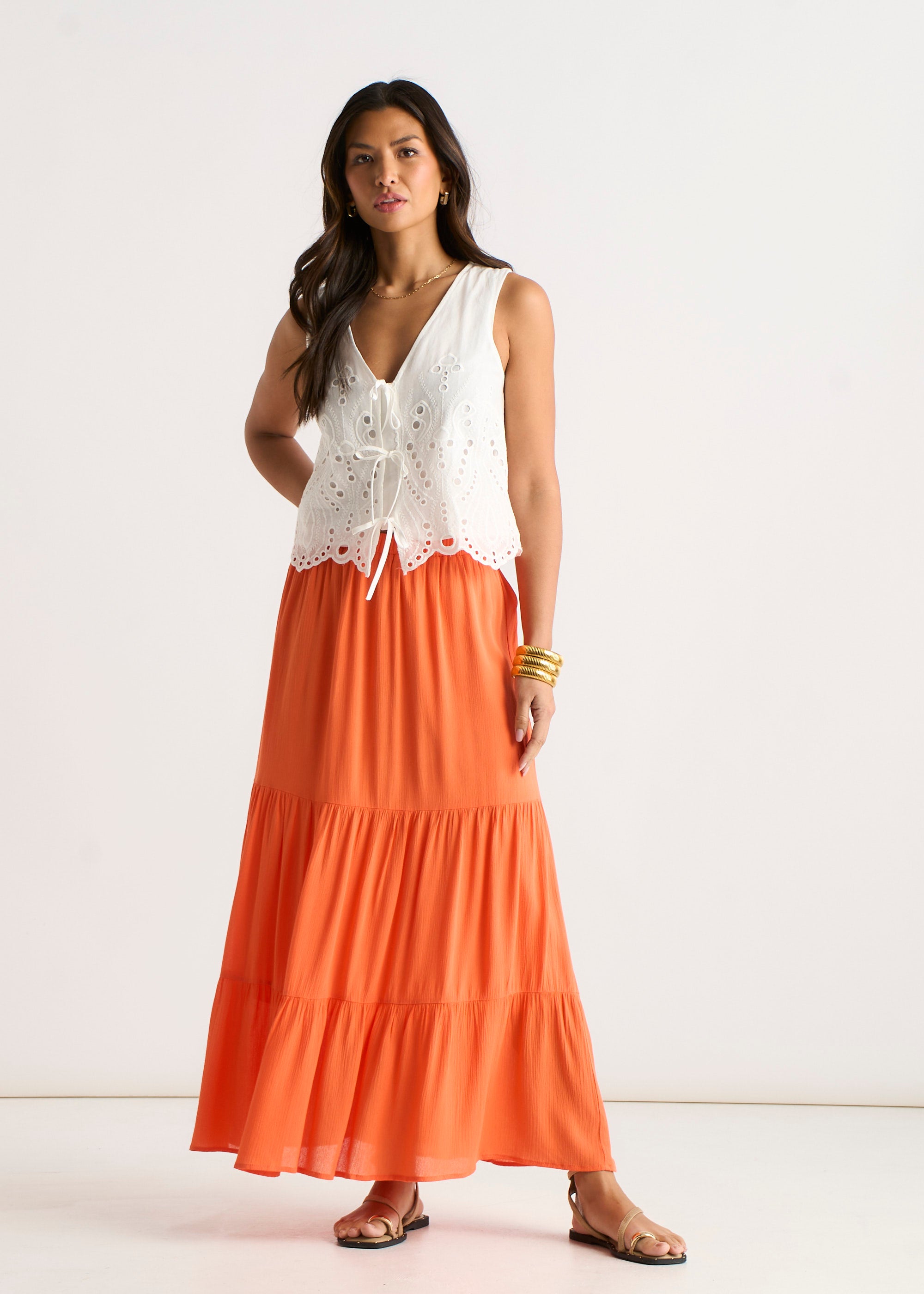 Orange Viscose Tiered Skater Maxi Skirt