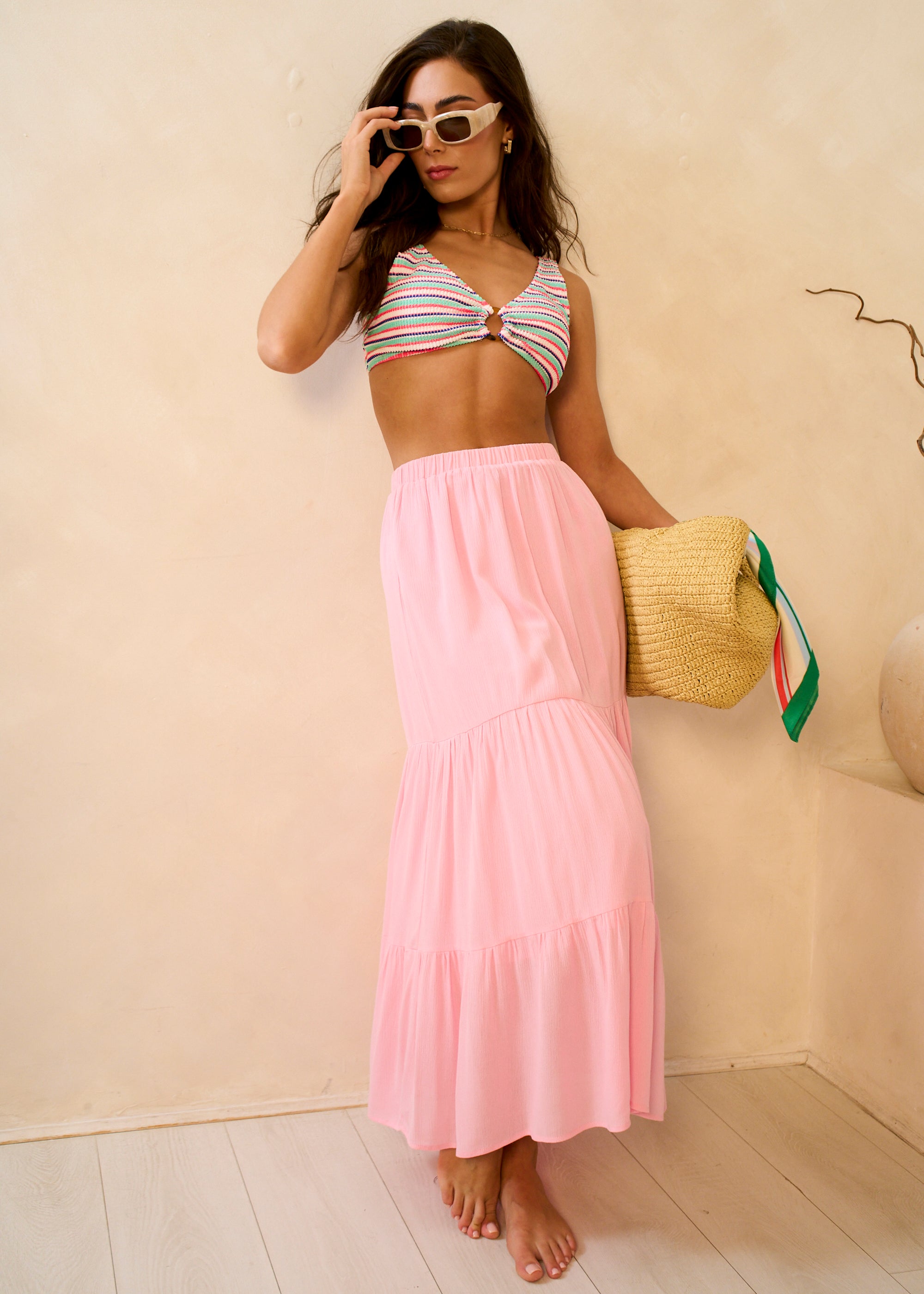 Pink Viscose Tiered Skater Maxi Skirt