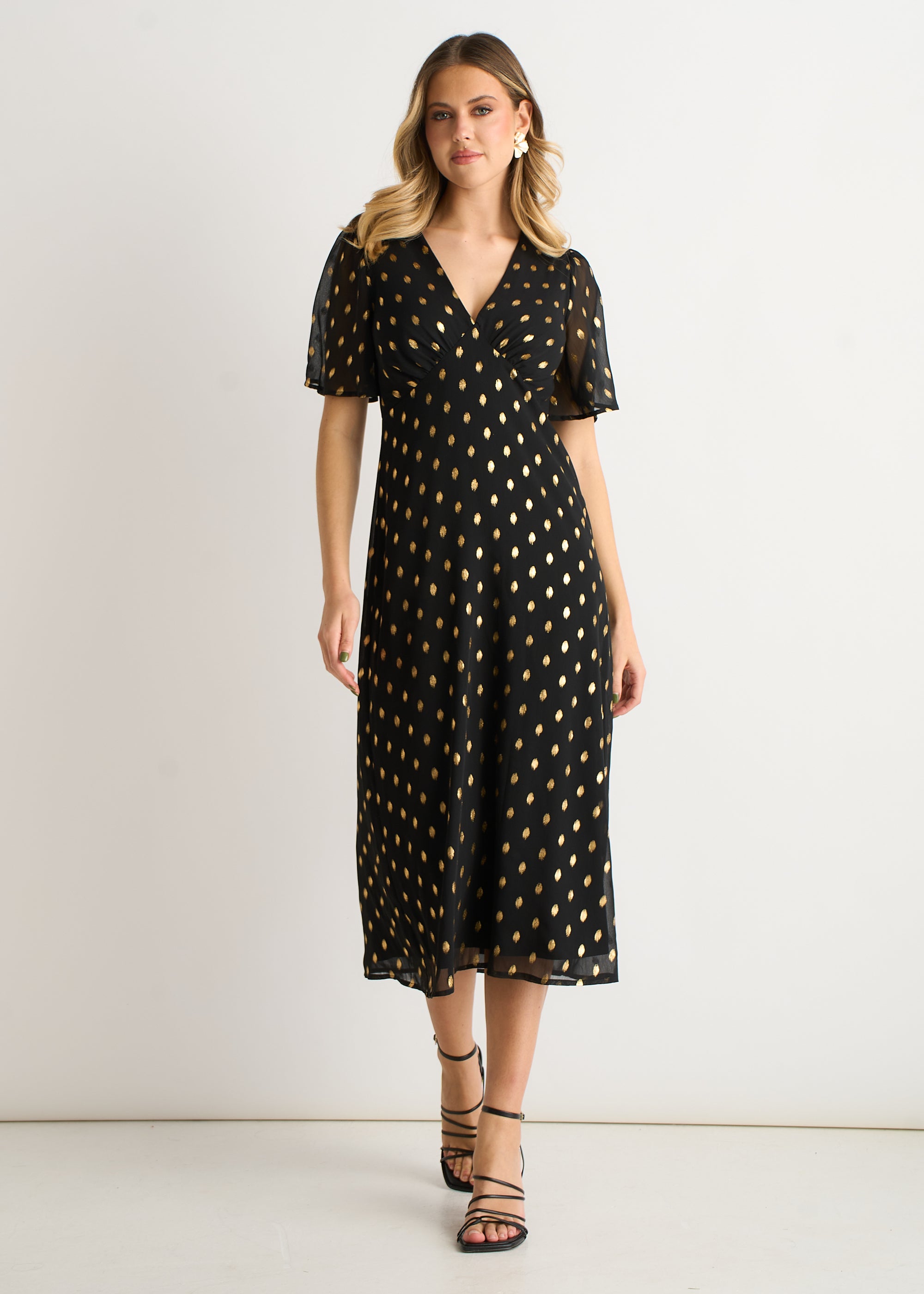 Black V Neck Foil Midi Skater Dress