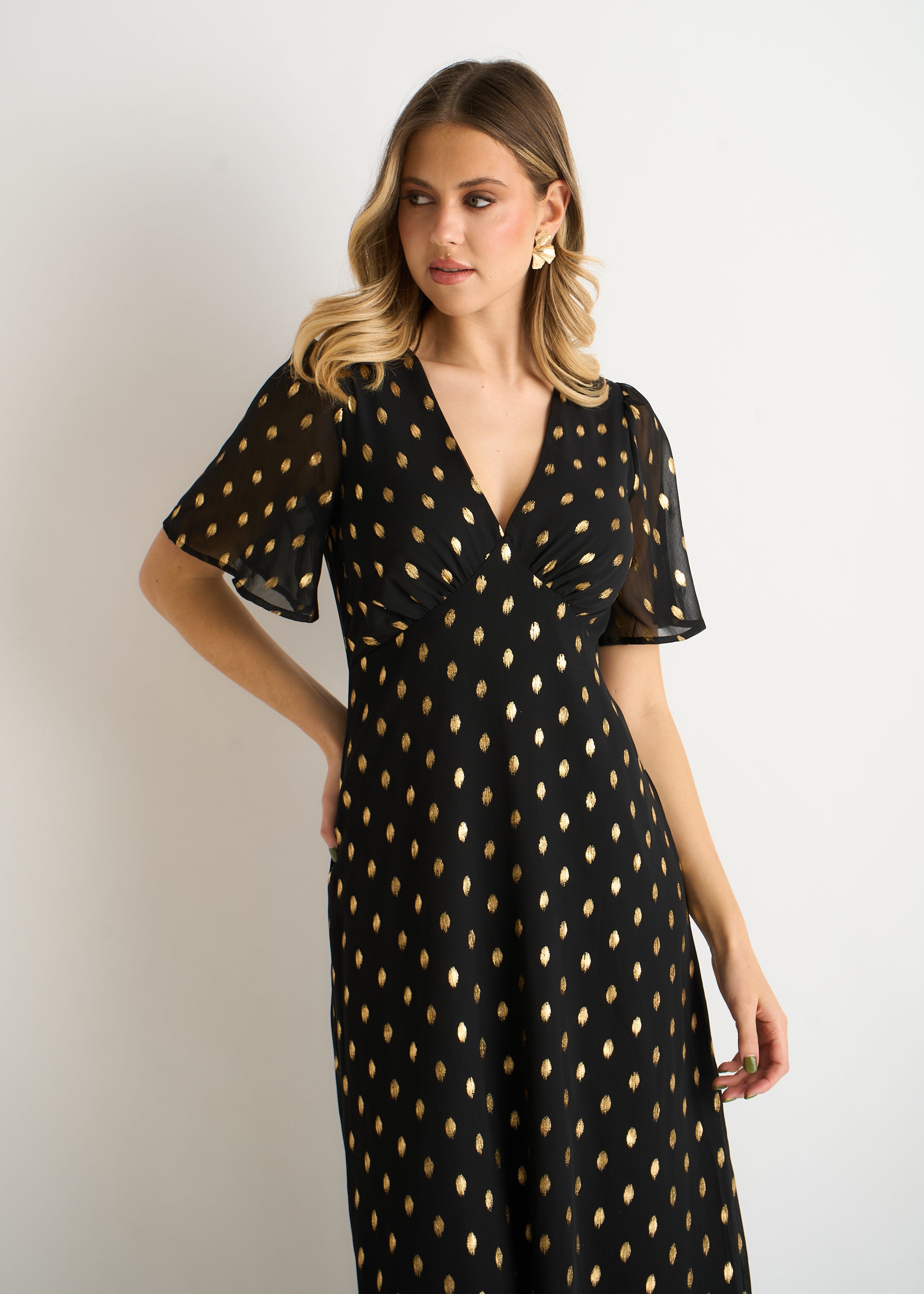 Black V Neck Foil Midi Skater Dress