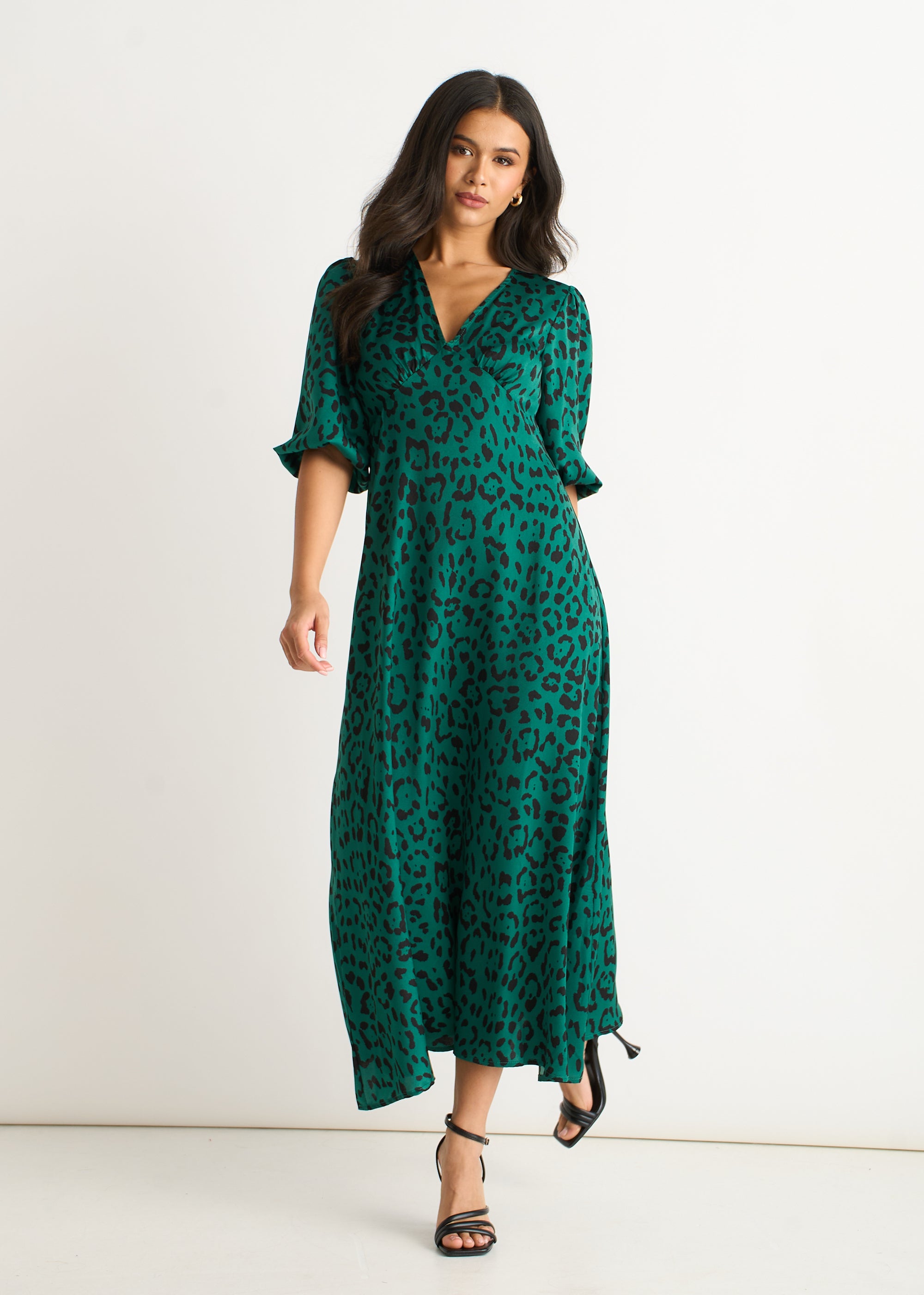 Green Animal Print Satin Midi Dress