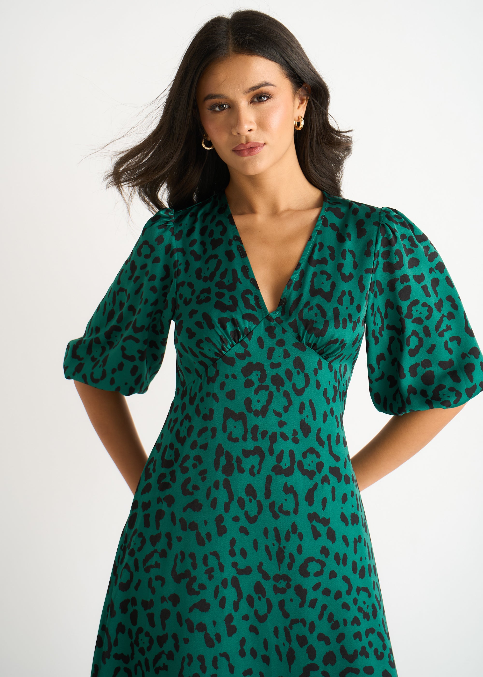 Green Animal Print Satin Midi Dress