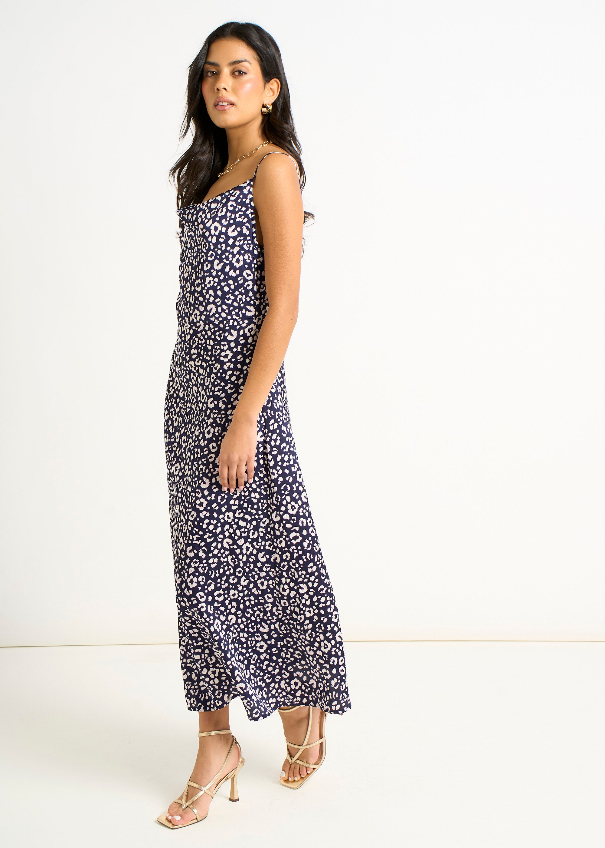 Navy Animal Print Cowl Midi Dress