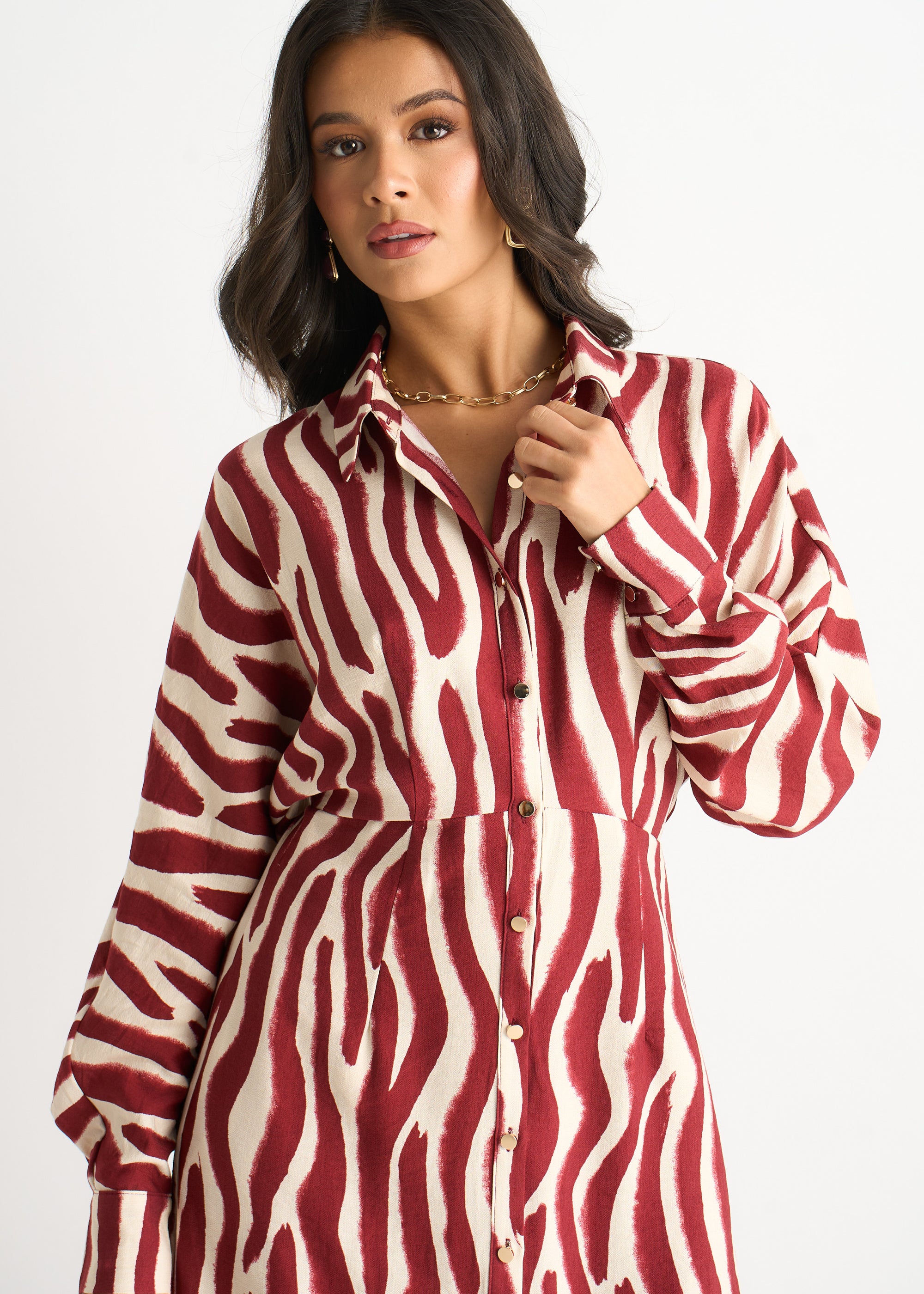 Burgundy Zebra Print Batwing Sleeves Shirt Dress