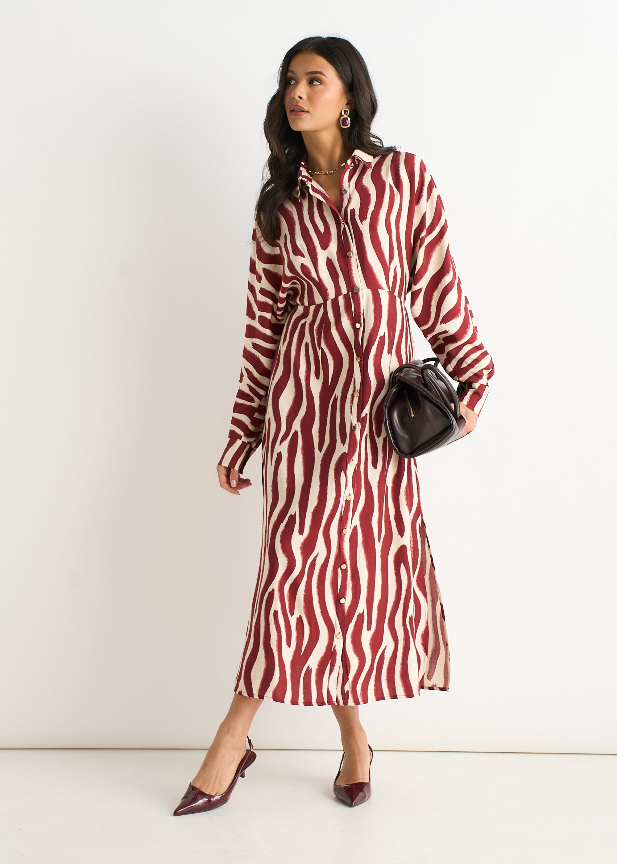 Burgundy Zebra Print Batwing Sleeves Shirt Dress