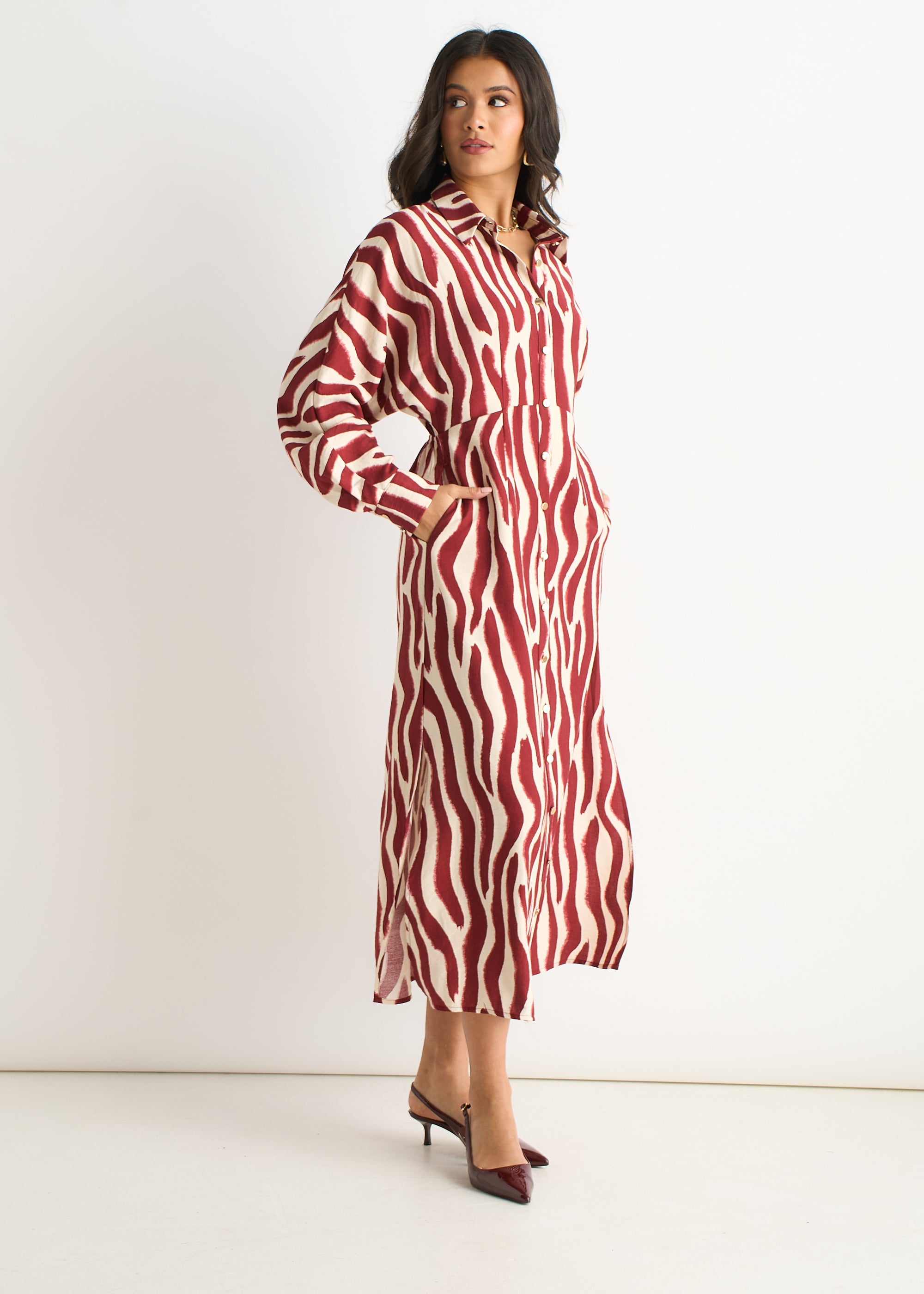 Burgundy Zebra Print Batwing Sleeves Shirt Dress