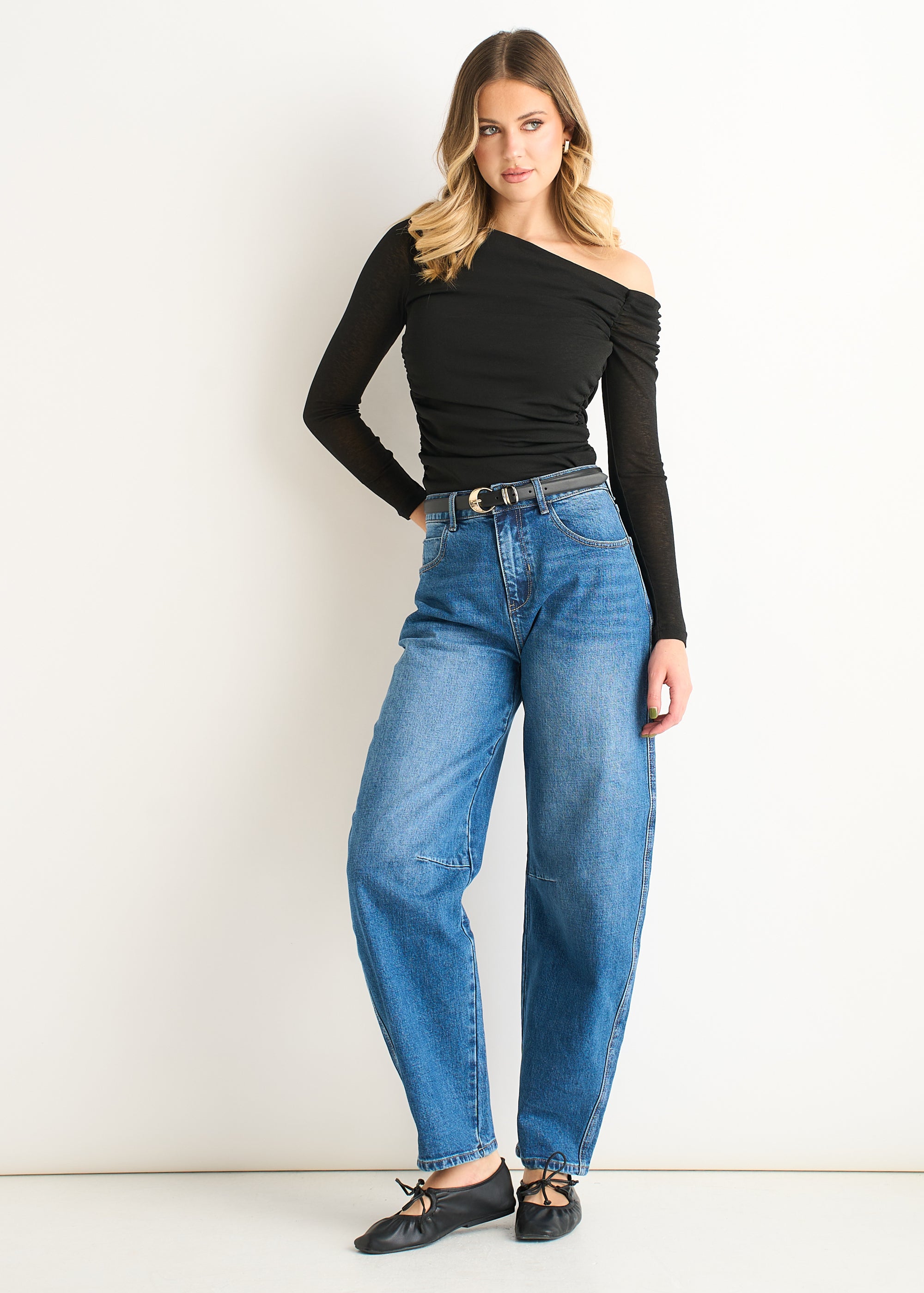 Black Jersey Slash Neck Long Sleeves Top