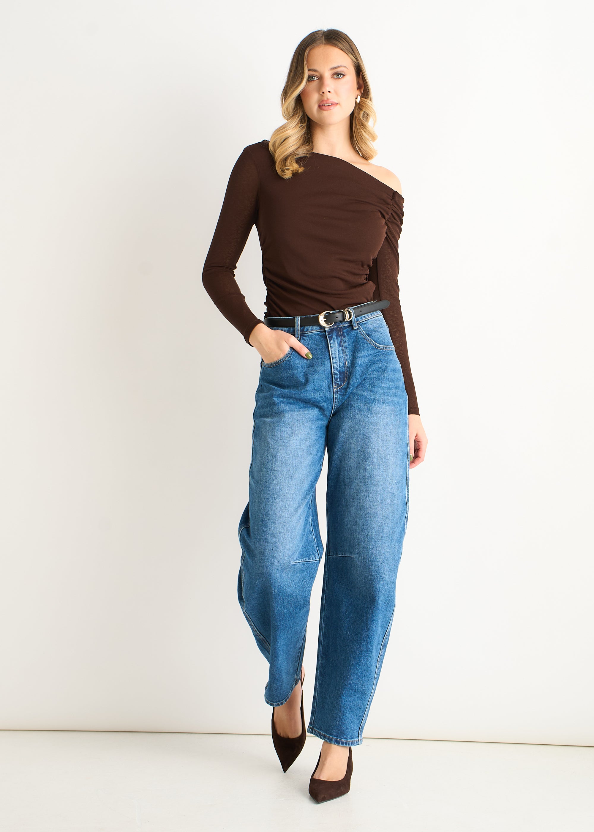 Chocolate Jersey Slash Neck Long Sleeves Top