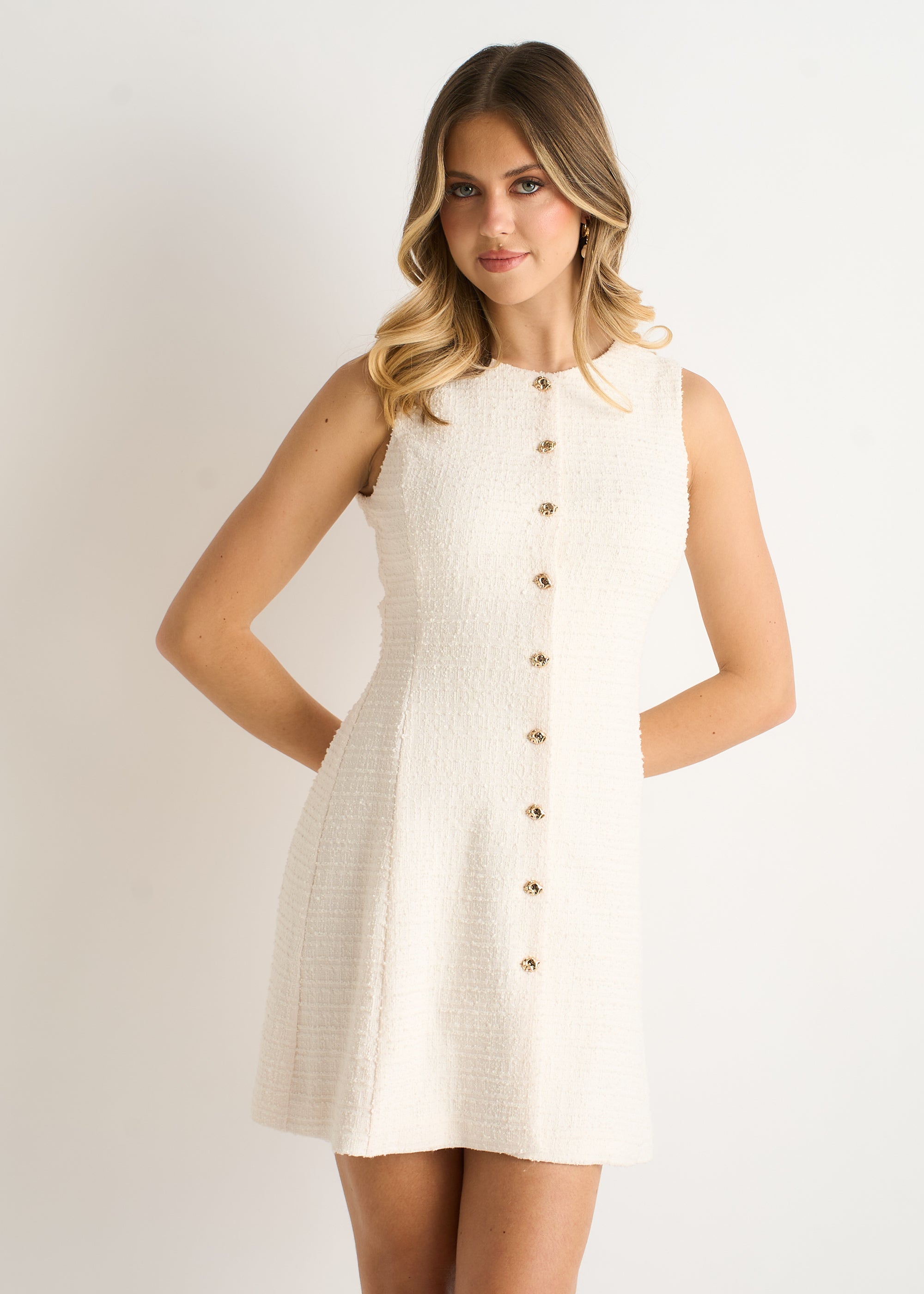 Cream Textured Boucle Button-Front Mini Dress
