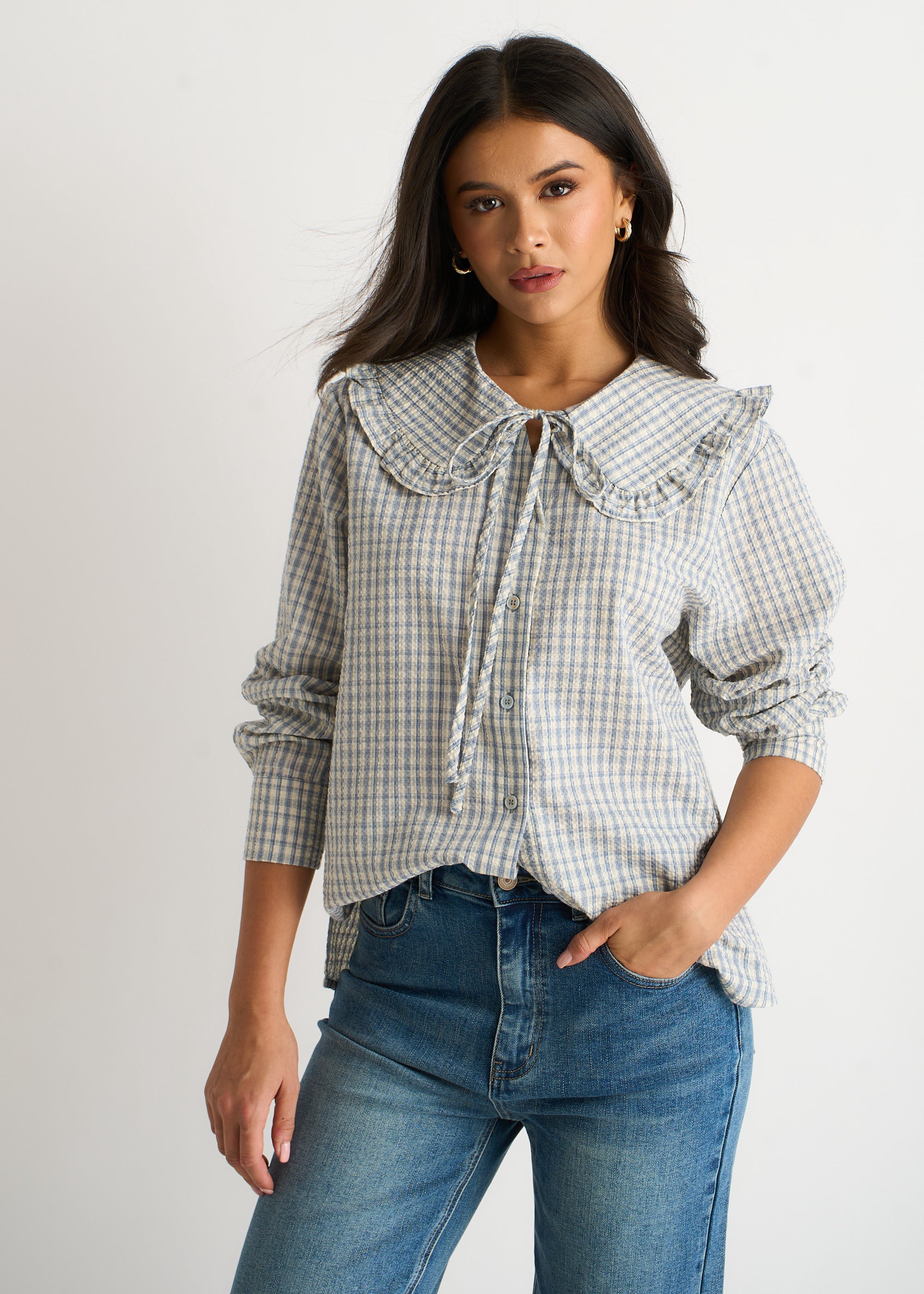 Blue Gingham Textured Check Peter Pan Collared Shirt