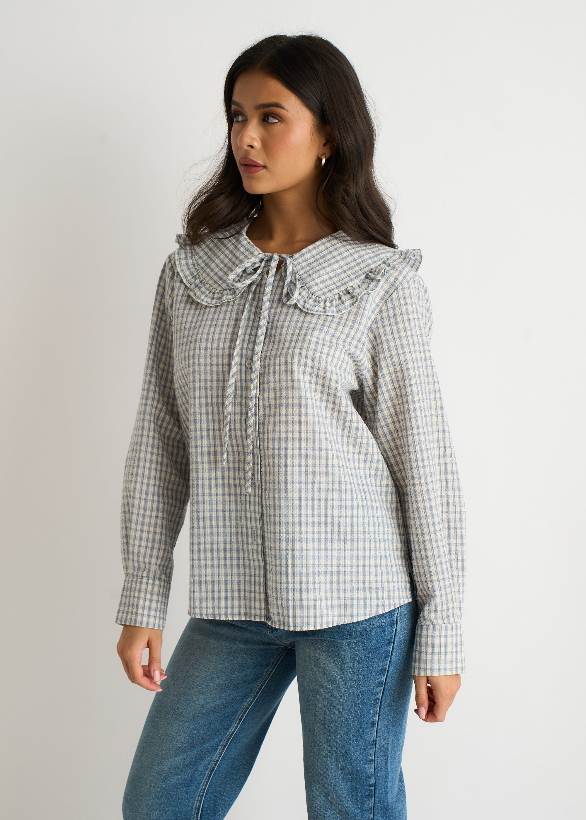 Blue Gingham Textured Check Peter Pan Collared Shirt