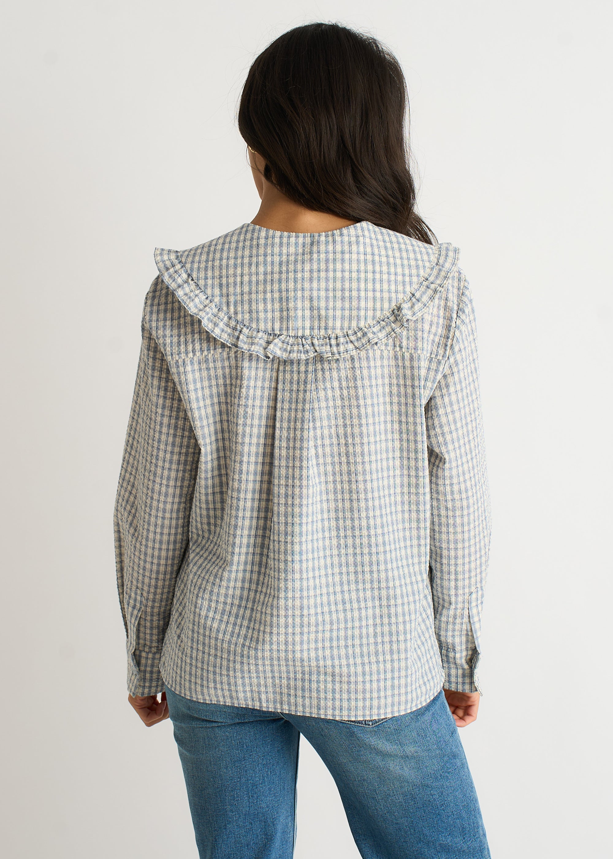 Blue Gingham Textured Check Peter Pan Collared Shirt
