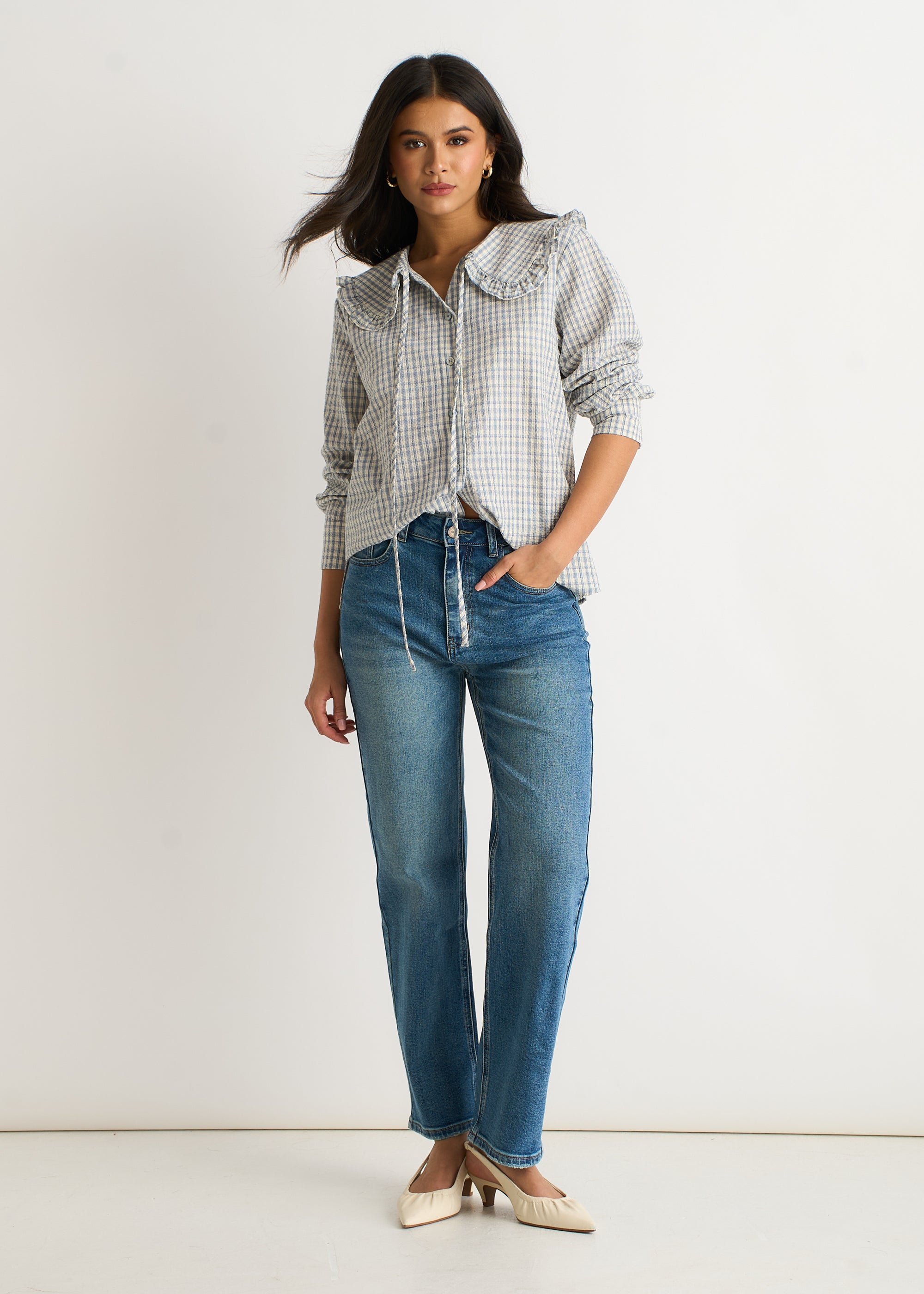 Blue Gingham Textured Check Peter Pan Collared Shirt