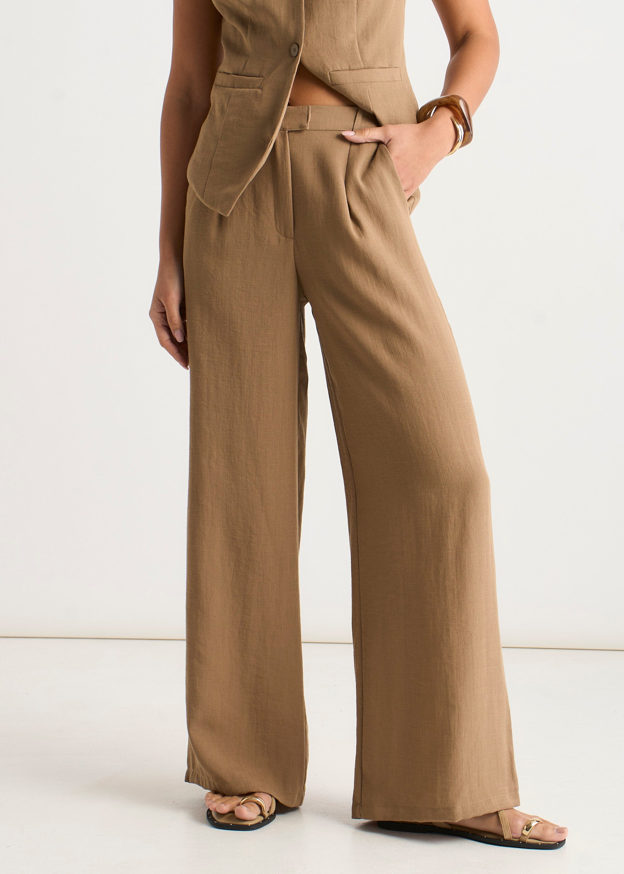 Camel Tailored Wide Leg Trousers