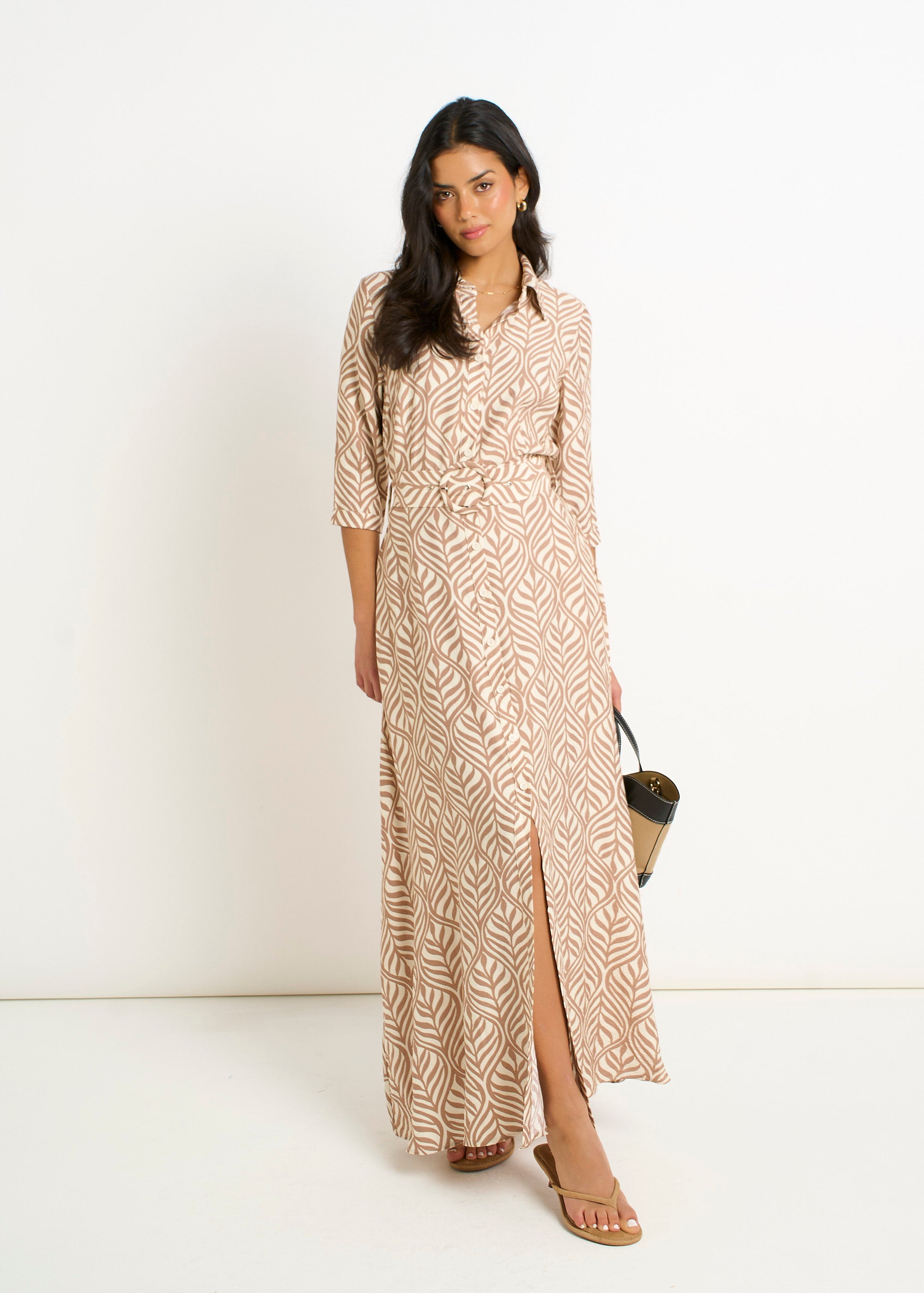 Beige Belted Shirt Maxi Dress