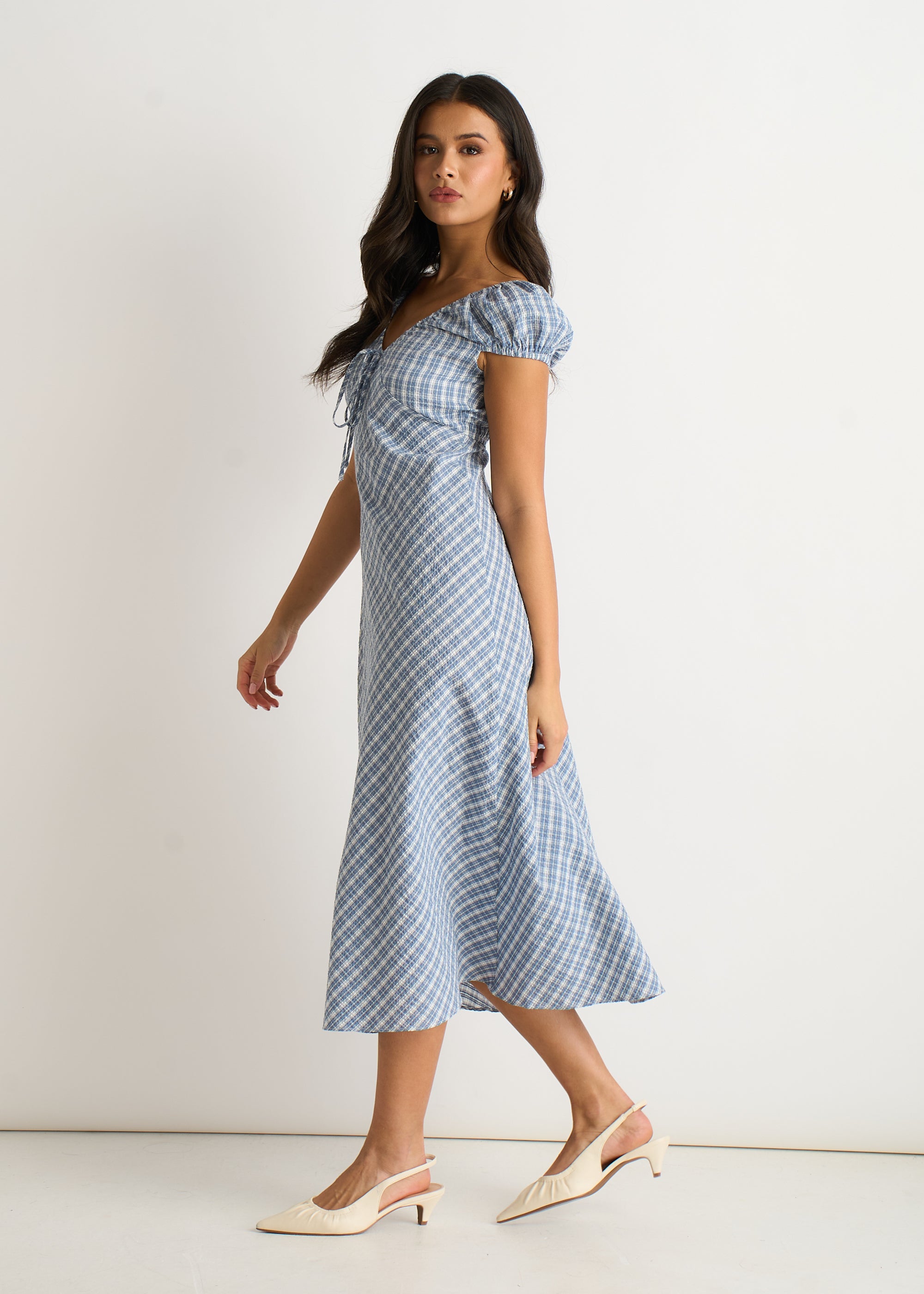 Blue V Neck Textured Gingham Midi Dress