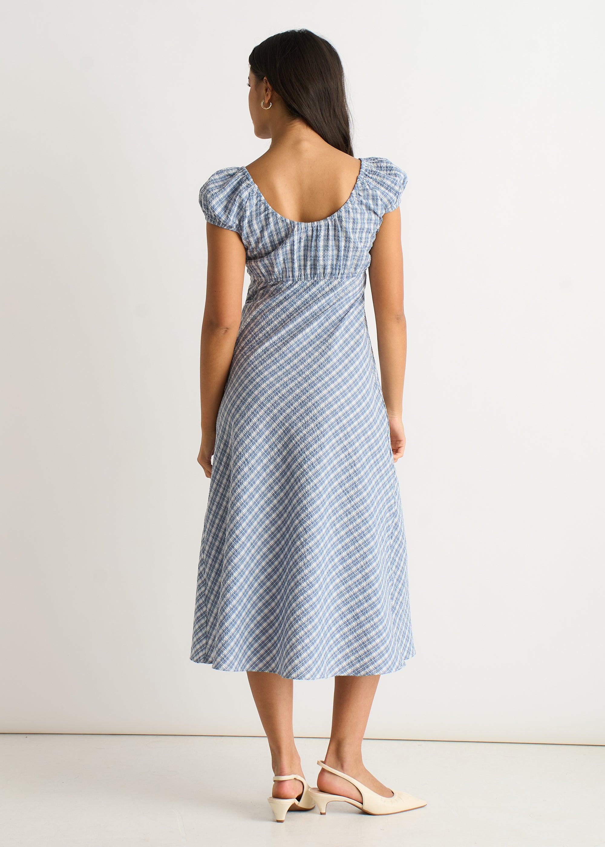 Blue V Neck Textured Gingham Midi Dress