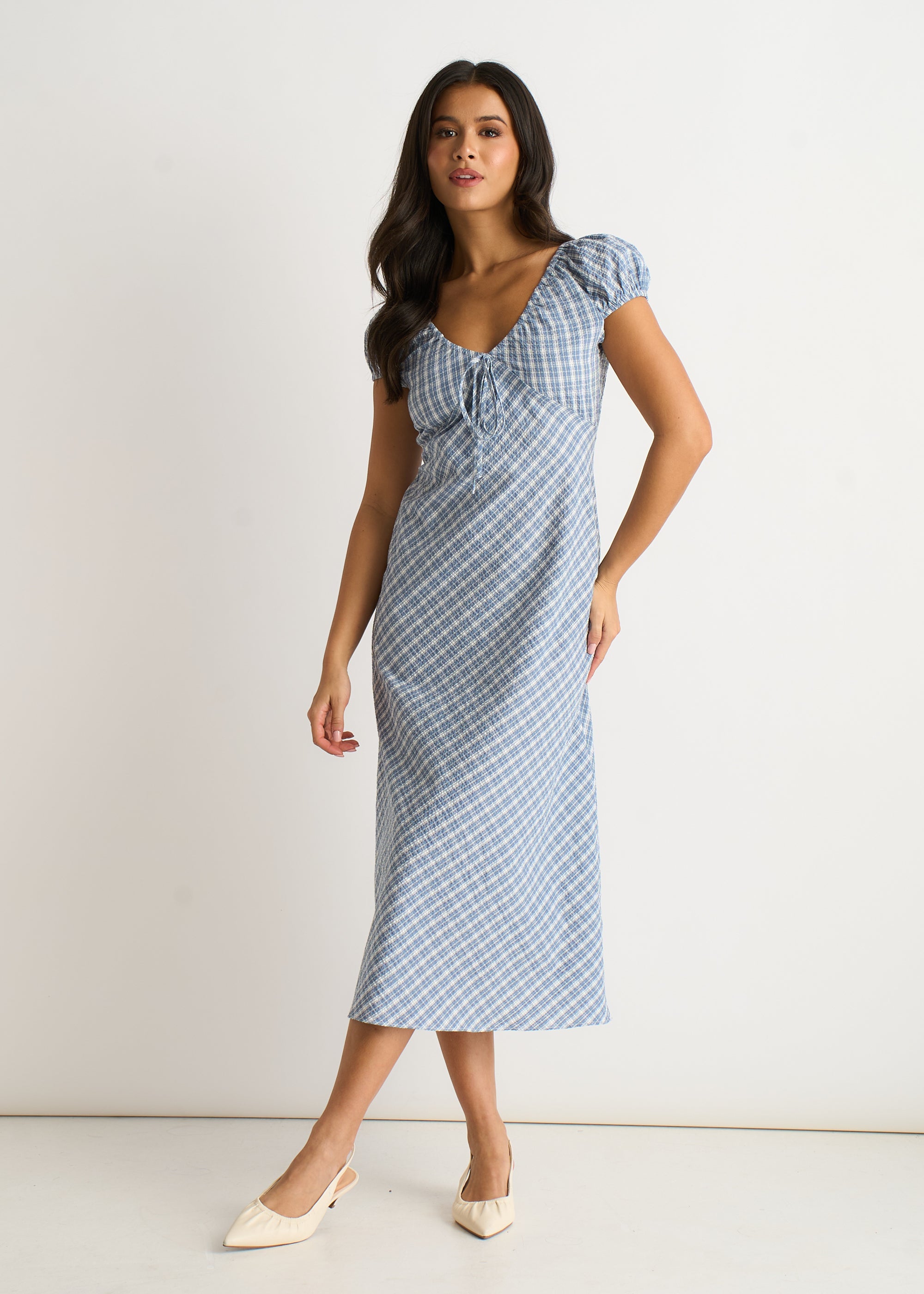Blue V Neck Textured Gingham Midi Dress