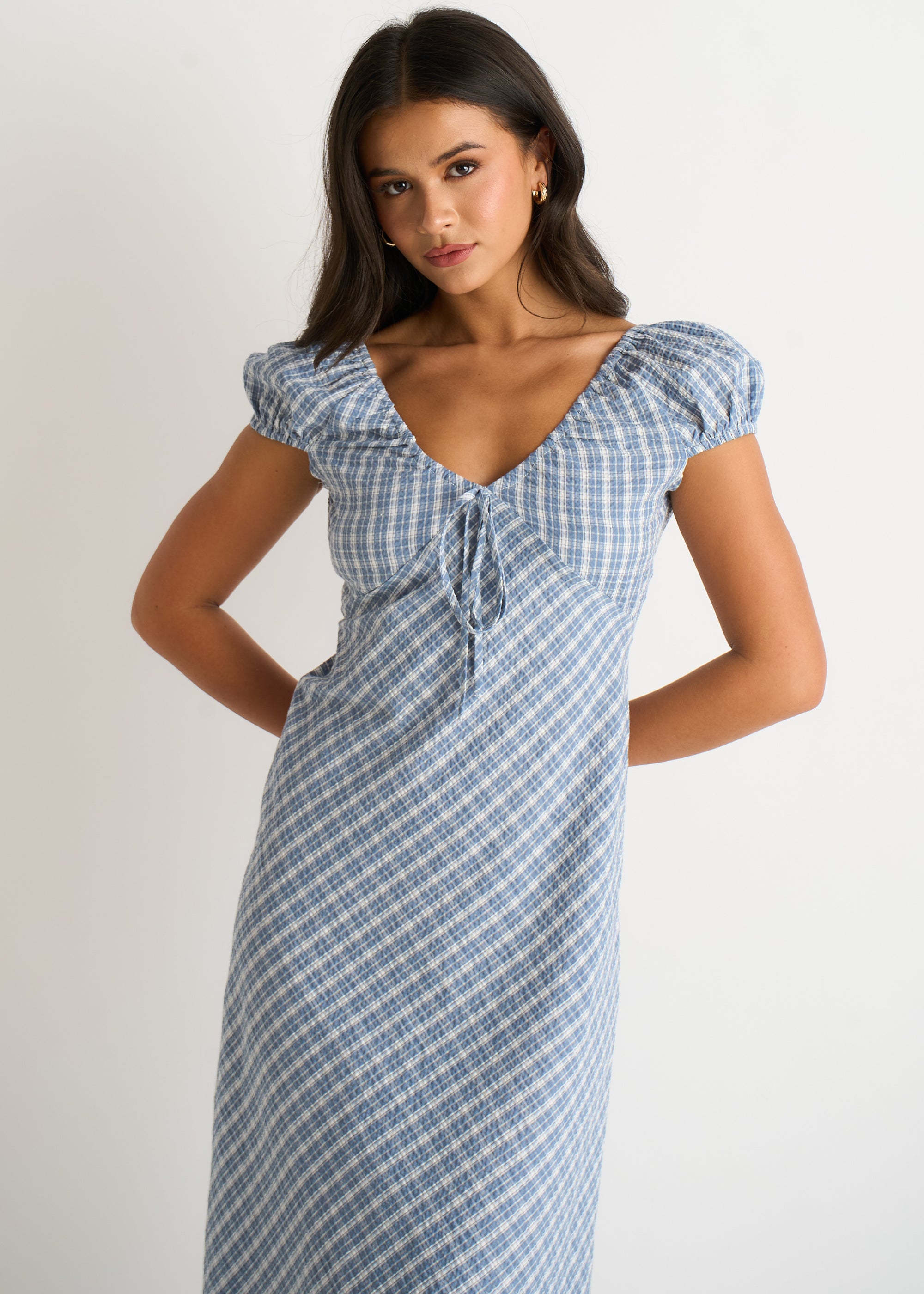 Blue V Neck Textured Gingham Midi Dress