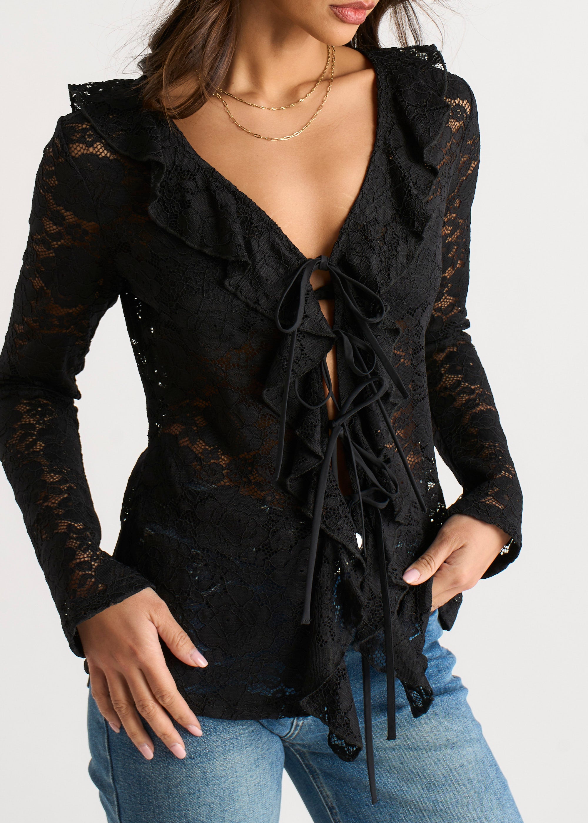 Black Jersey Lace Ruffle Tie Front Blouse