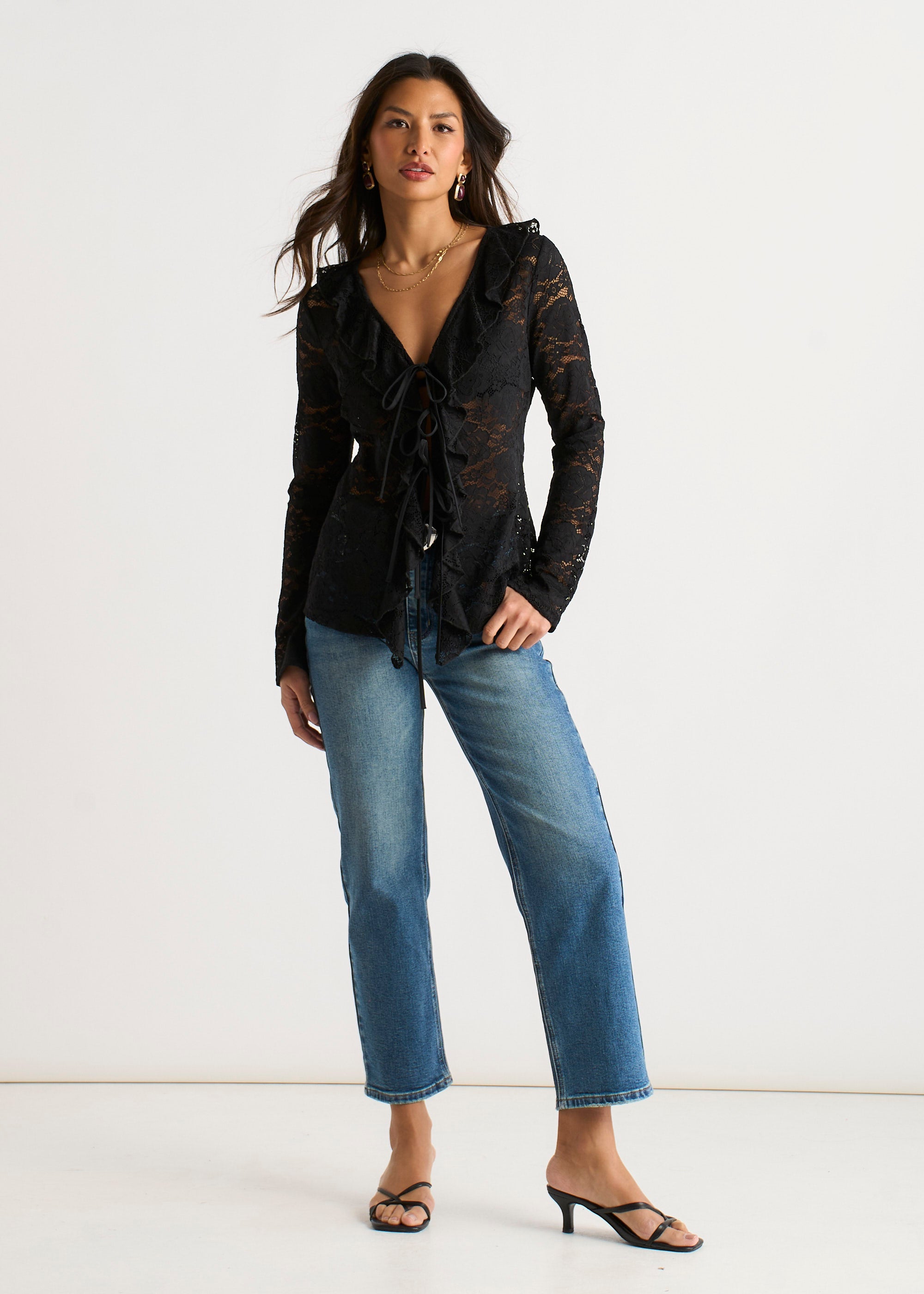 Black Jersey Lace Ruffle Tie Front Blouse