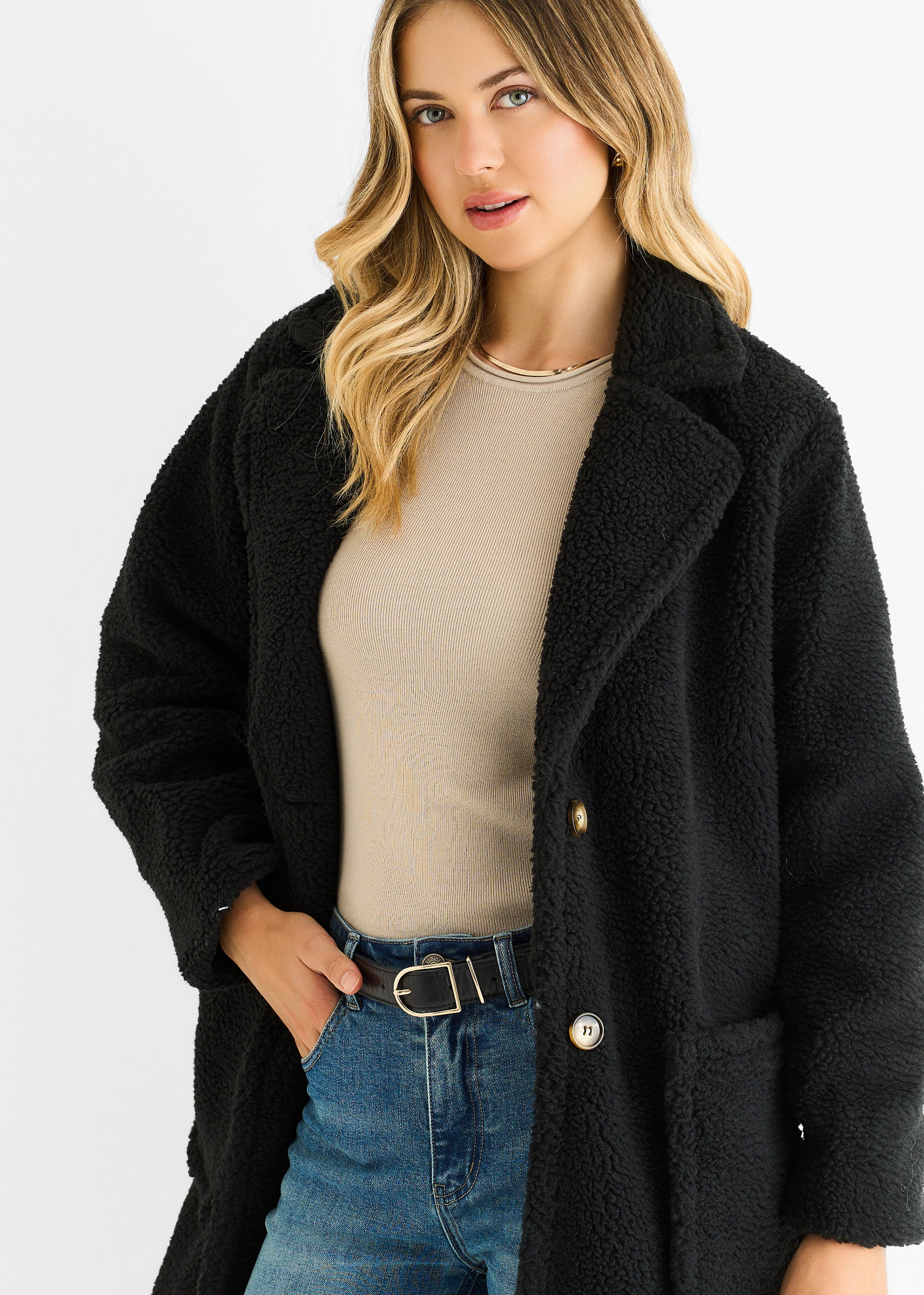 Black Faux Fur Longline Teddy Overcoat