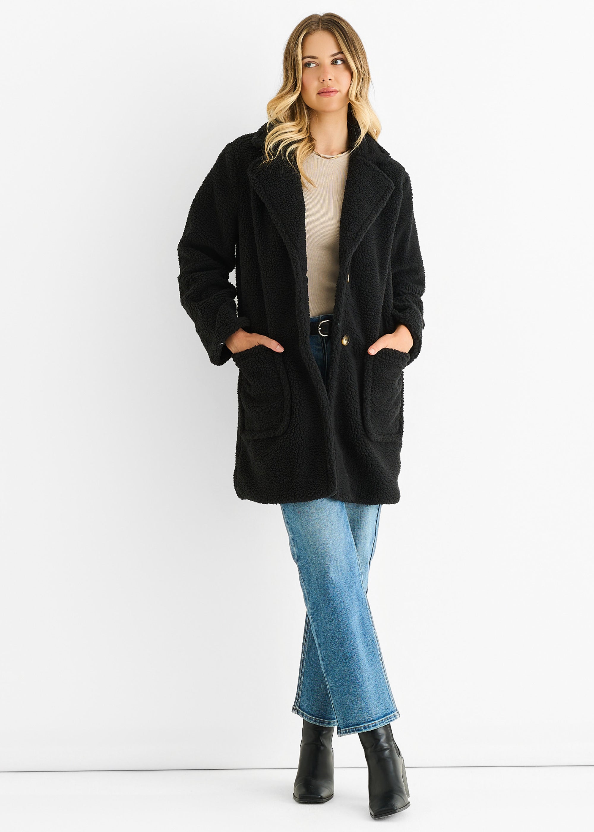 Black Faux Fur Longline Teddy Overcoat