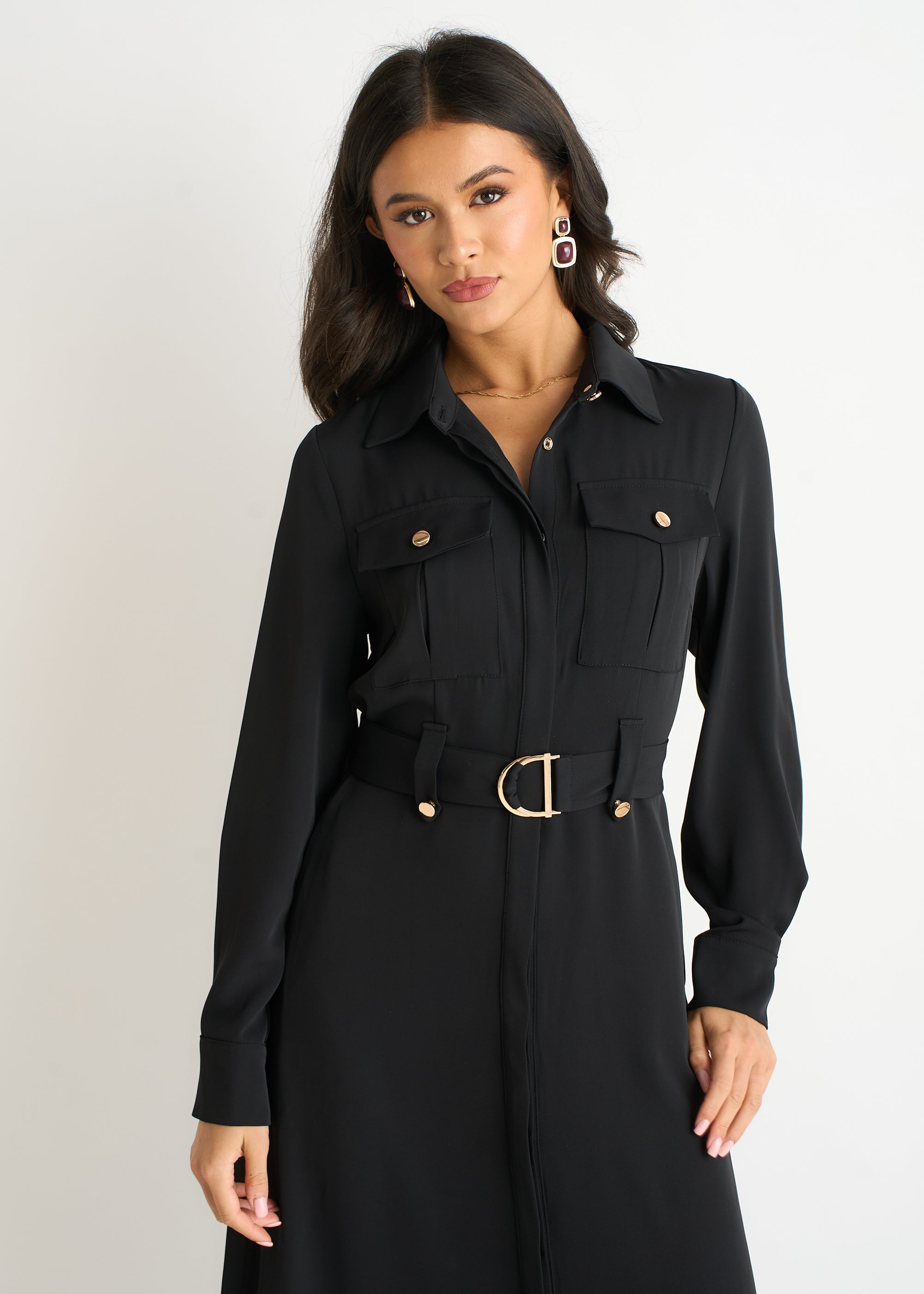 Black Luxe Gold Button Utility Shirt Dress