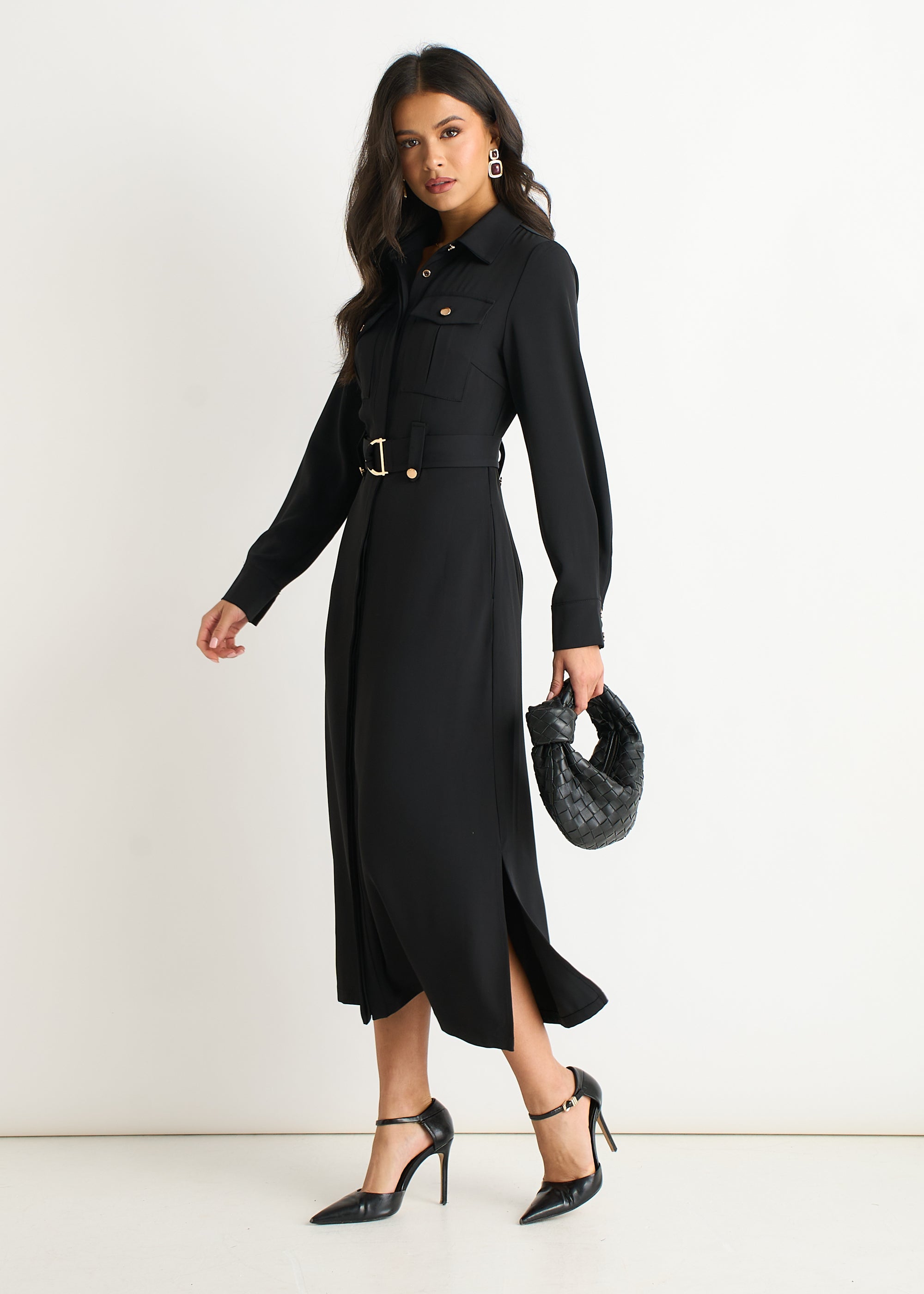 Black Luxe Gold Button Utility Shirt Dress